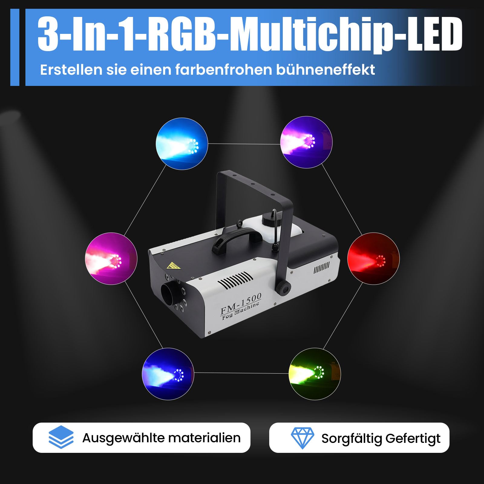 3in1 RGB LED Nebelmaschine, 1500W Kabellose Fernbedienung DMX Fog Machine Nebler Bühnenauftritte Nebelmaschine für Zuhause, Party, Hochzeit, DJ Show, Bühne Lichter
