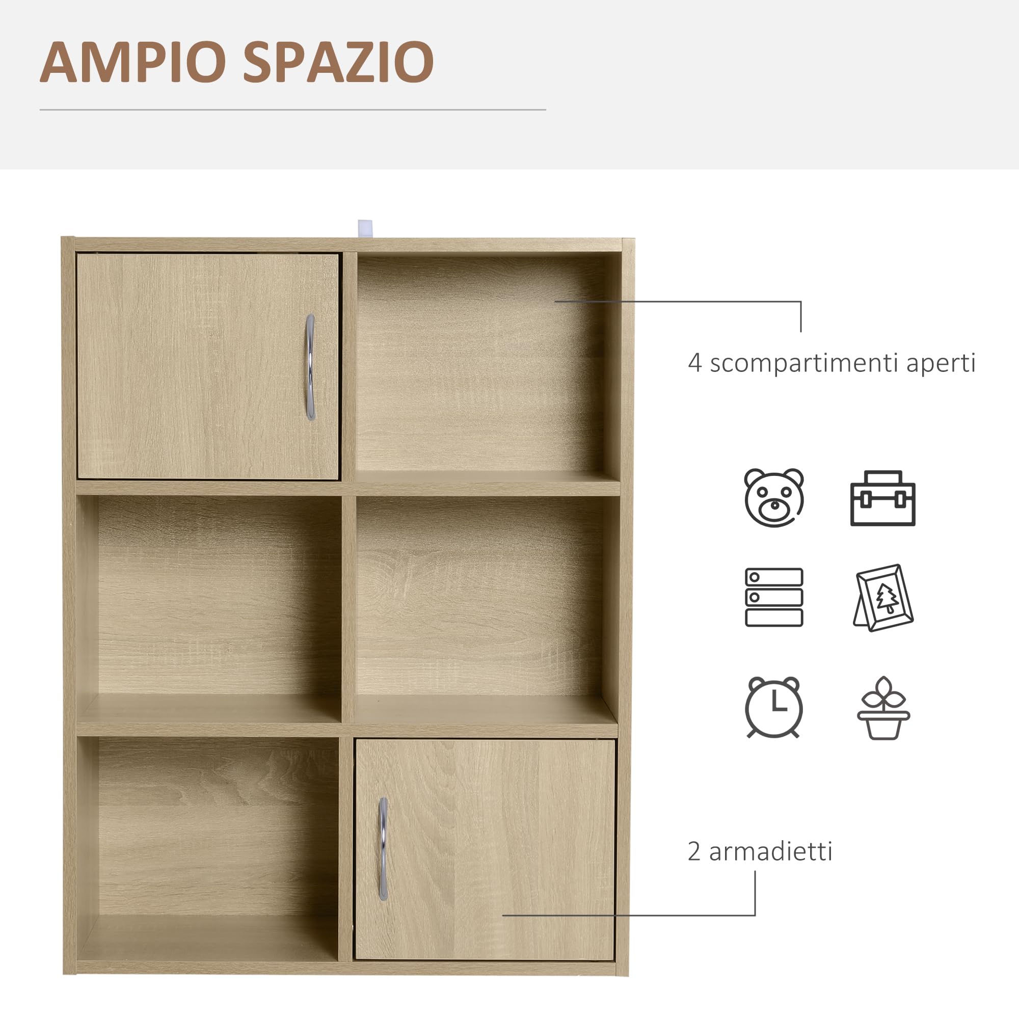 HOMCOM Libreria Scaffale in Legno con 3 Ripiani e 2 Ante, 61.5x29.5x80cm