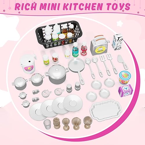 Miniatura 6 de Juego de cocina 5 en 1 para niños con luces y sonidos realistas, mini juguetes de cocina para niñas, juguete de cocina para muñecas, mini muebles de