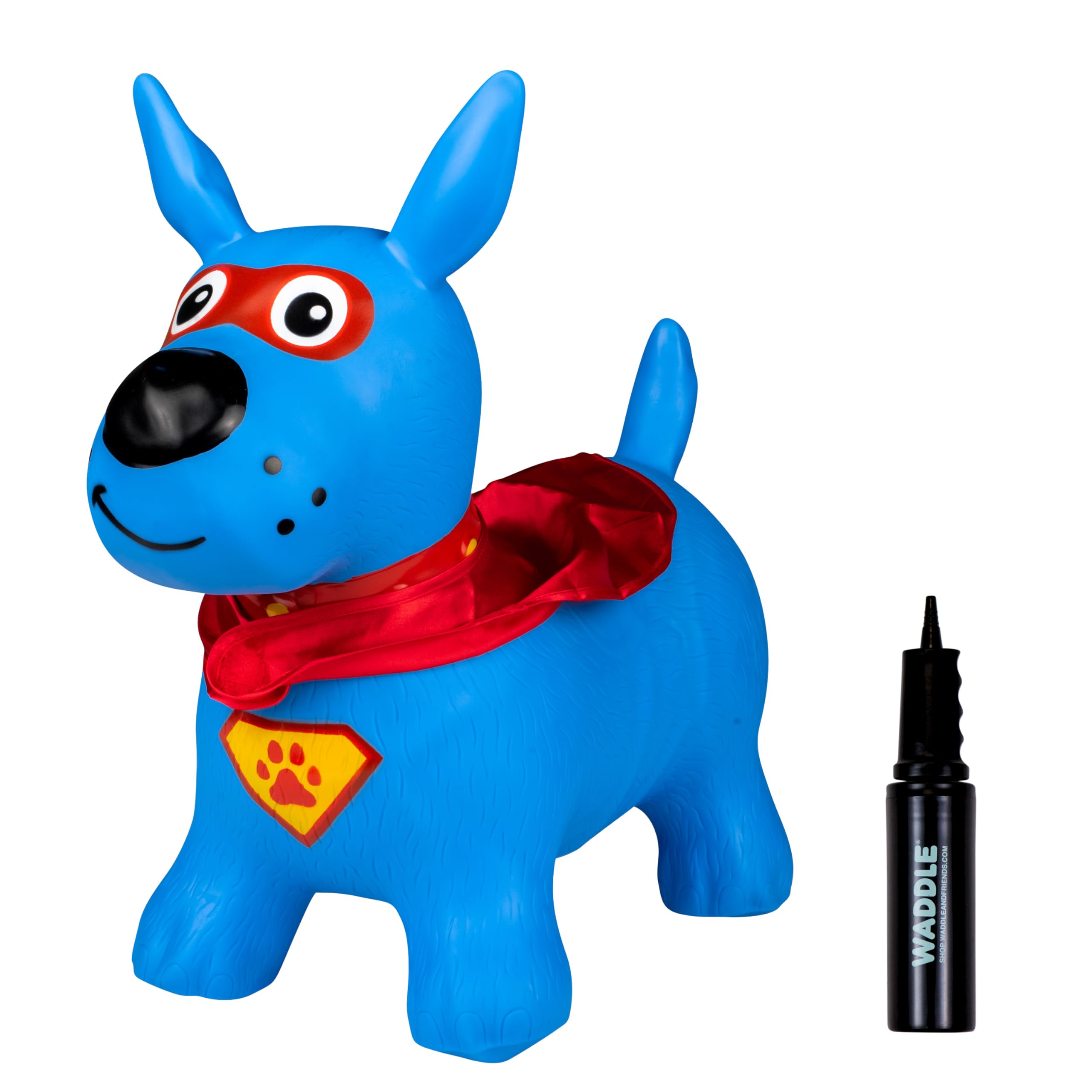 Waddle Bouncy Animal Hopper - Inflatable Hopping Animals, Indoors and Outdoors Fun, Pump Included, Riding Toys for Boys and Girls Ages 2 Years and Up, Blue Super Hero Dog