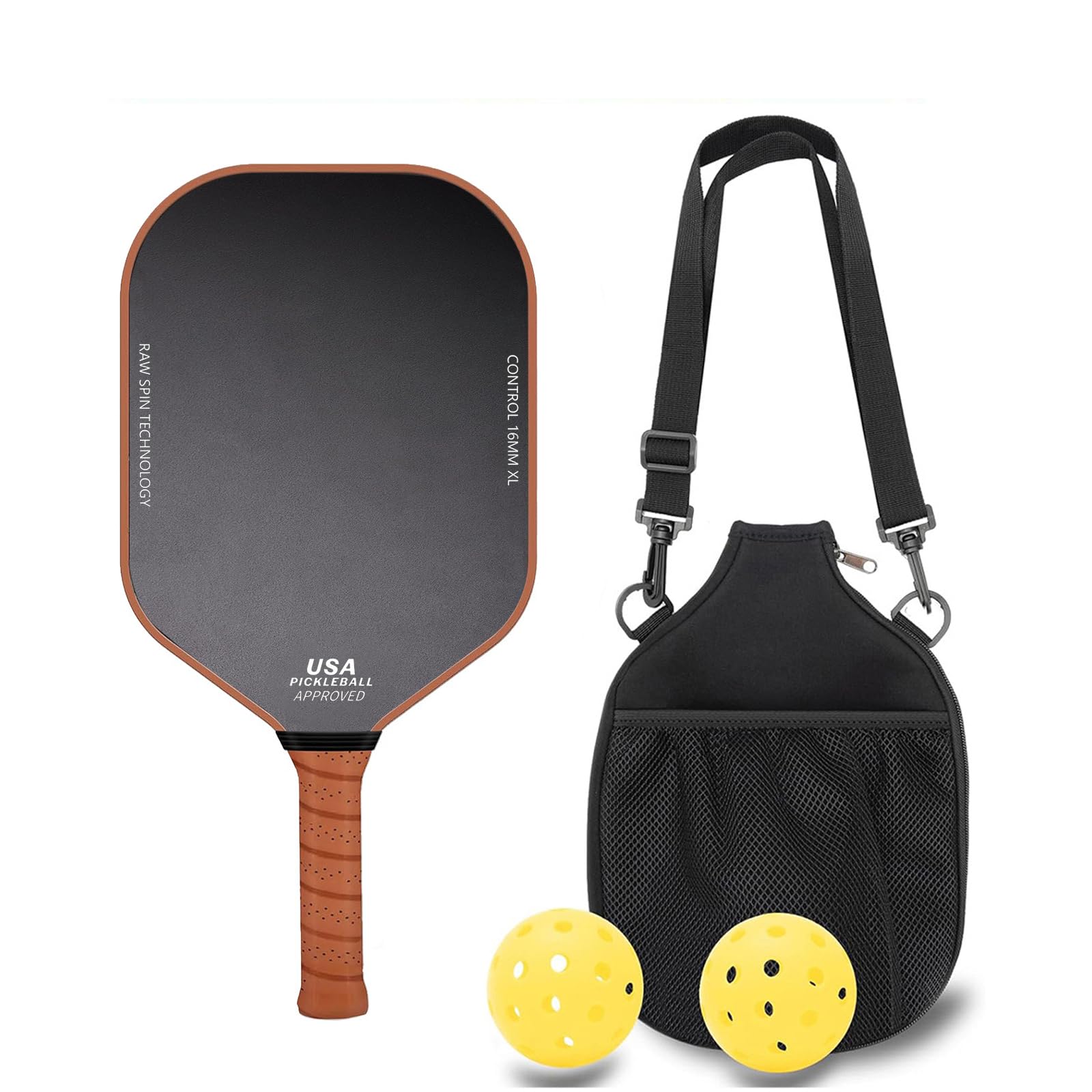 Pickleball Paddle - Carbon Surface with High Grit & Spin, Sure-Grip Elongated Handle, Larger Sweet Spot, 16mm Honeycomb Polypropylene Core, USAPA Approved - Includes 1 Paddles, 2 Balls, 1 Carry Bag