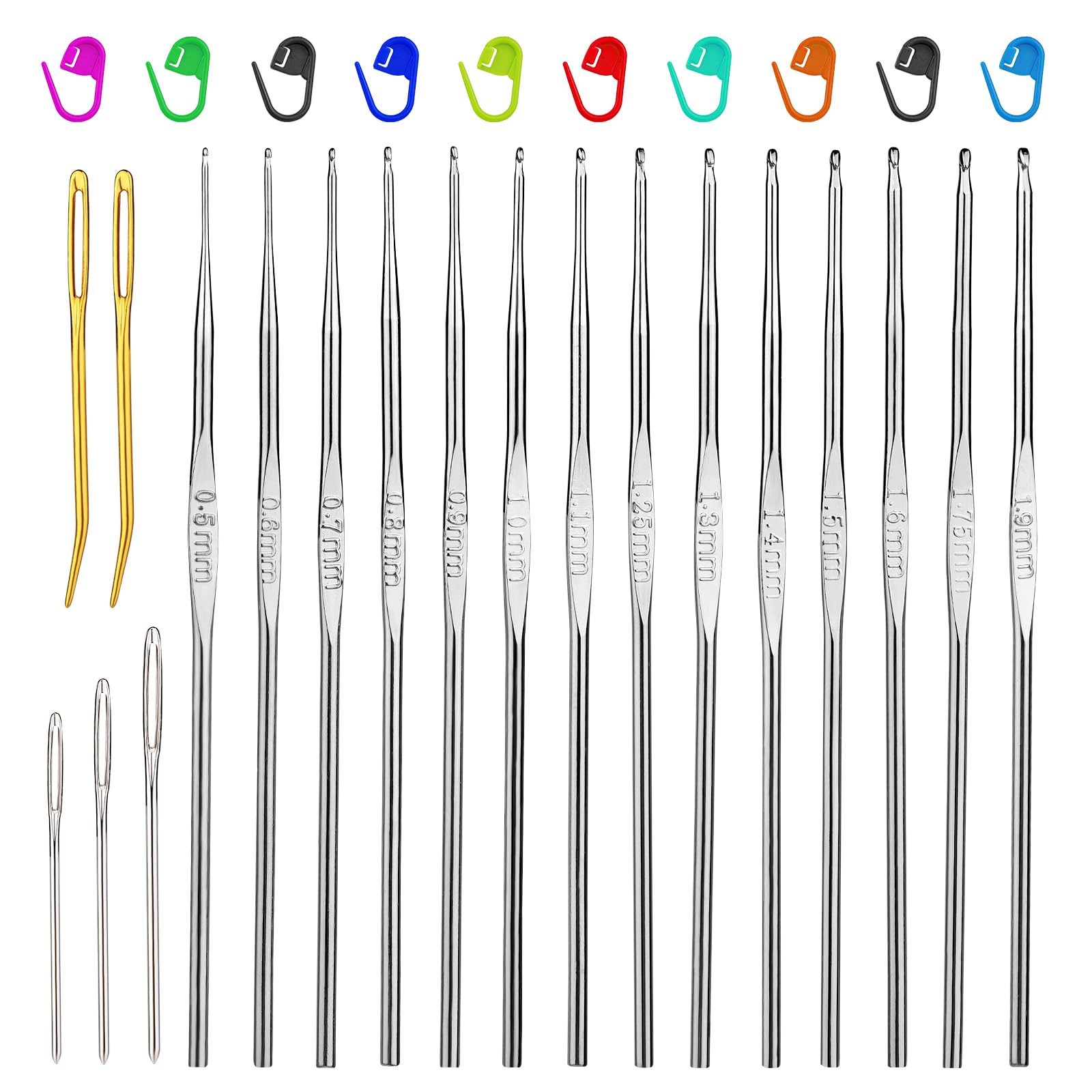 SUVSOON 0.5-1.9mm Crochet Hooks, 14 Sizes Iron Ergonomic Crochet Hooks Set with Big Eye Yarn Needle and Stitch Markers Clip Extra Long Crochet Needles for Lace Craft Knitting Beginners