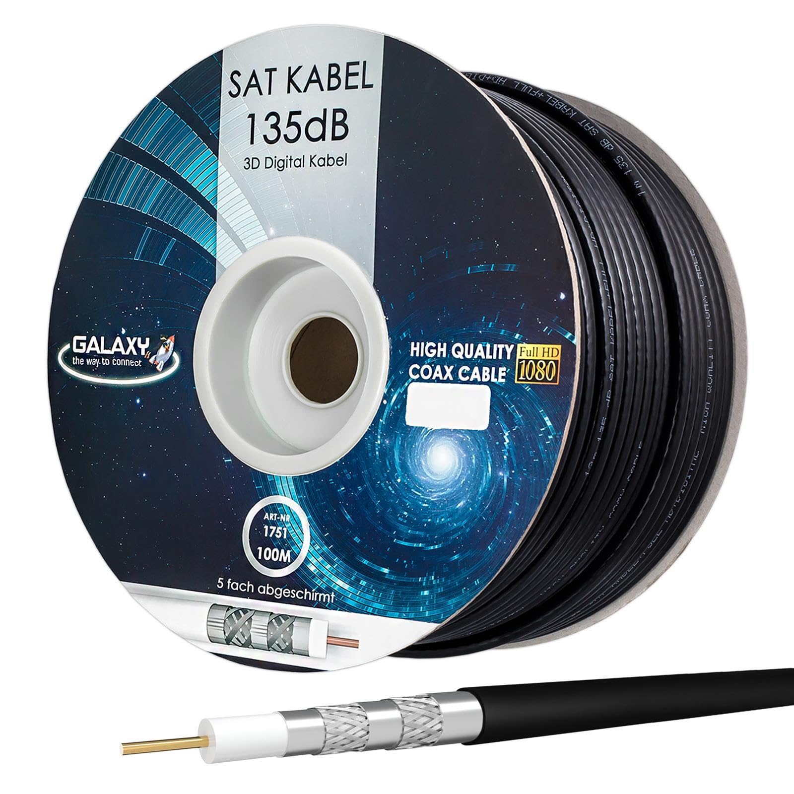HB-Digital Set 100 m cavo satellitare coassiale 135 db nero + 10 connettori F placcati oro + 1 spelacavi | CCS acciaio rame cavo antenna satellitare 5 schermature per DVB-S/S2 -C/C2 -T/T2 DAB+