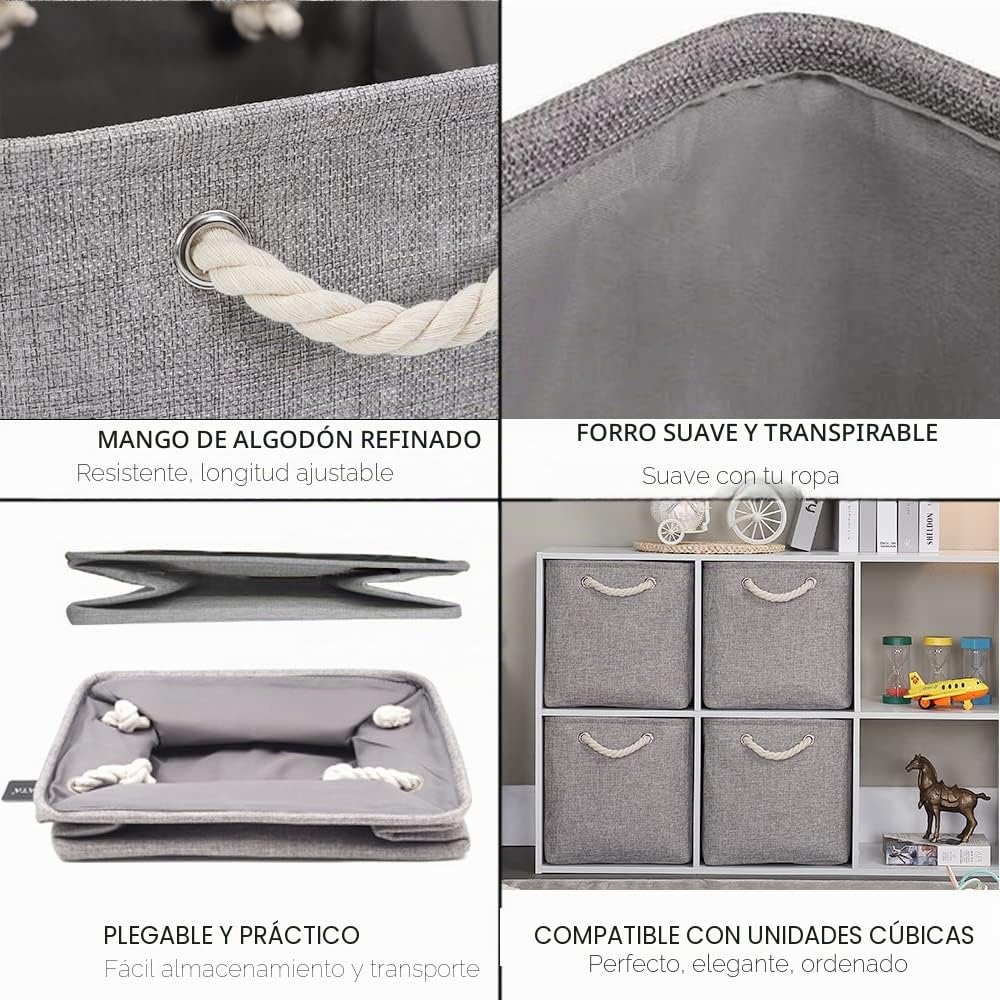 Mangata Cajas de Almacenaje, Cestas Almacenaje de Tela para Ropa, Armarios, Estantes, Juguetes, 25x25x25 cm (Plegable, 4X, Gris)