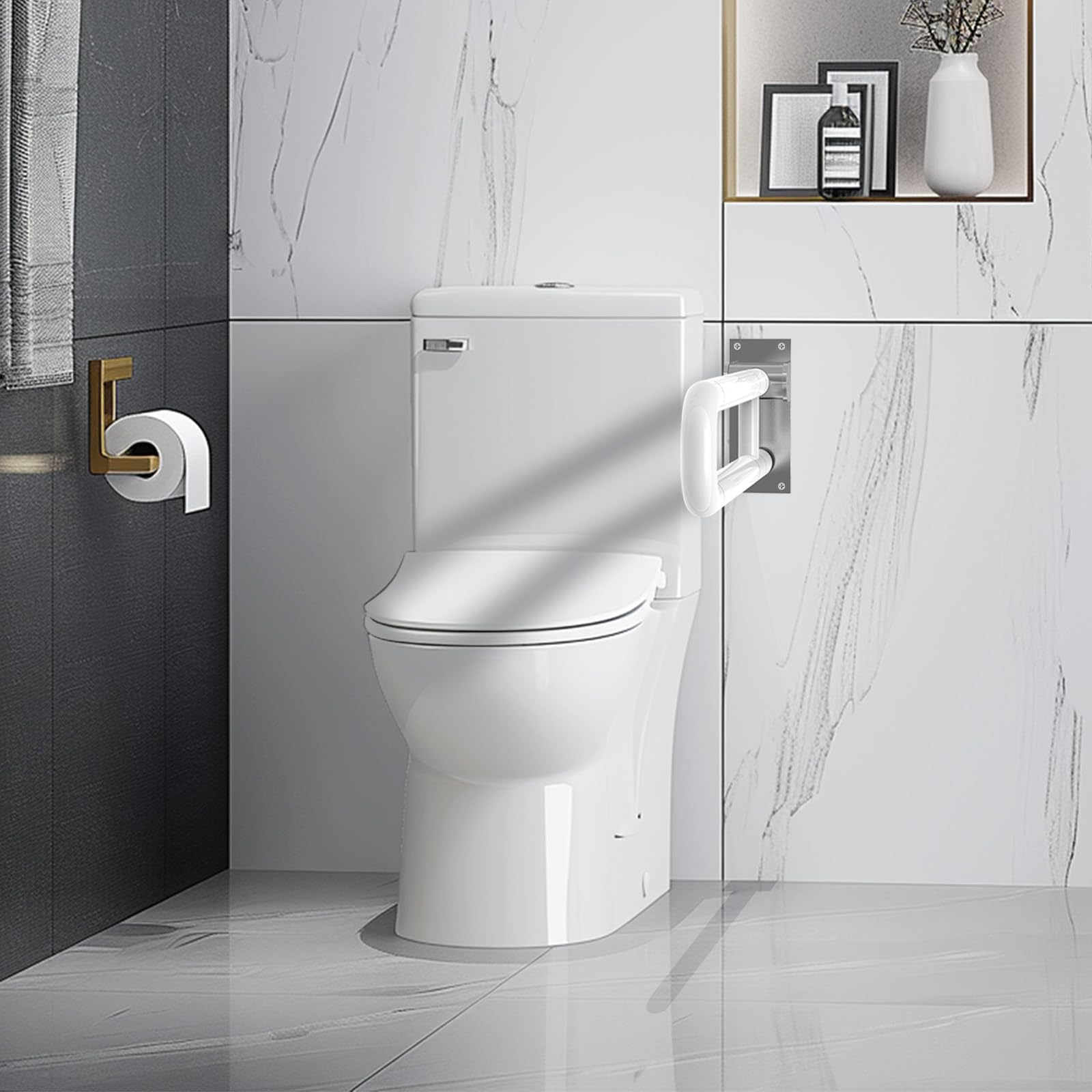 Barras de Apoyo para Baño, 80cm De Acero Inoxidable de Pie Inodoros Manija Antideslizante Barra Abatible Para Inodoro, Minusválidos WC, Barra Baño Minusválido (Blanco)