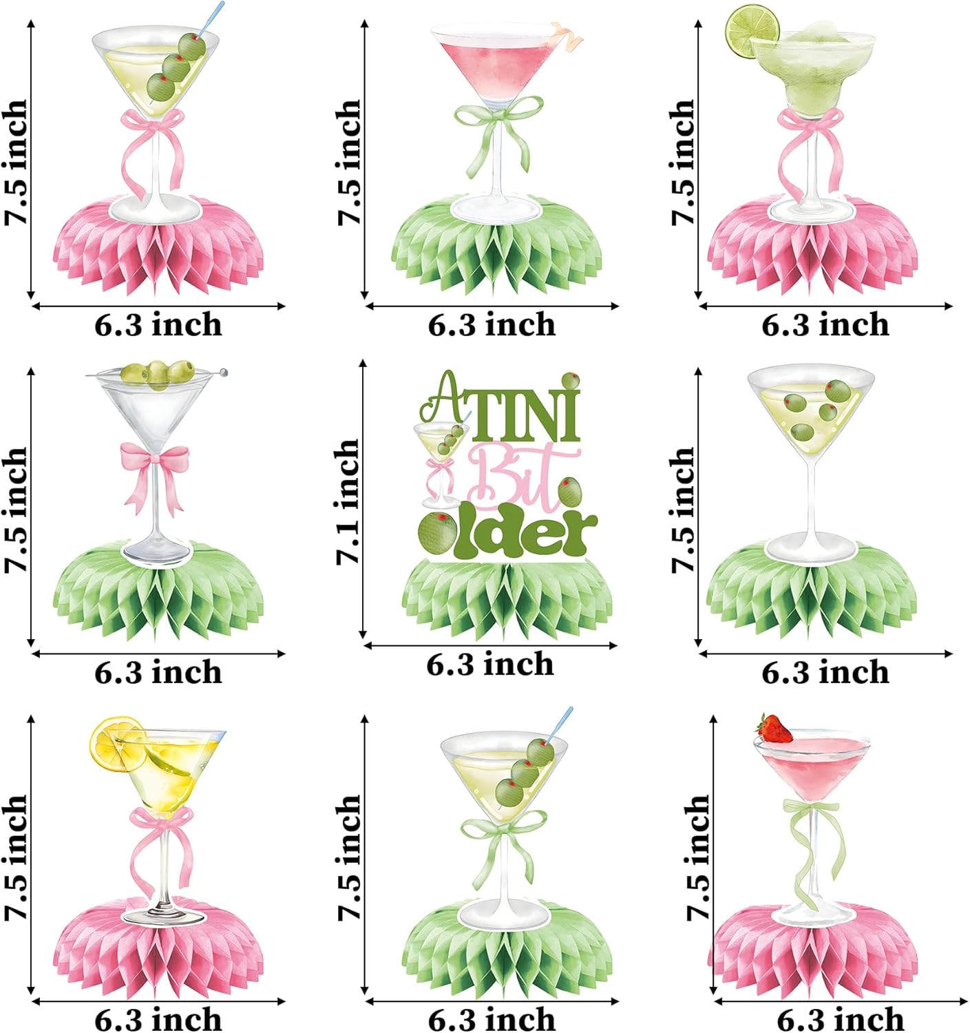 NANAGALI 9PCS Martini Bow Birthday Party Decorations, Pink Green Glitter A Tini Older Honeycomb Centerpieces for Women Girls Trendy Martini Themed Birthday Bridal Shower Party Decor