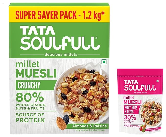 Tata Soulfull Crunchy Millet Muesli, Contains Wholegrains, Nuts & Fruits, Super Saver Pack, 1.2kg & Tata Soulfull Fruits, Nuts & Seeds Millet Muesli, Contains Flax, Pumpkin & Chia Seeds, 500g