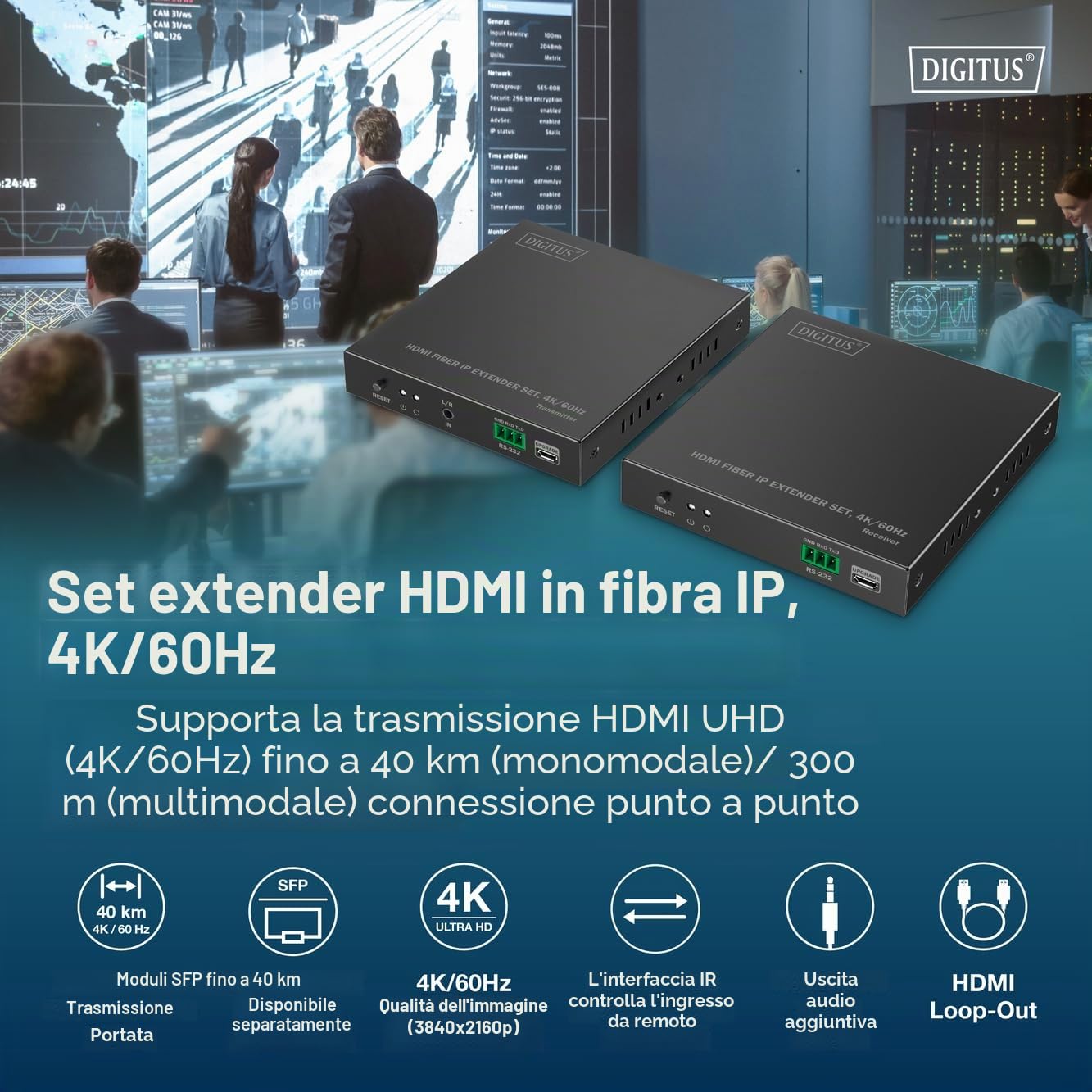 DIGITUS HDMI Fiber IP Extender Set – UHD 4k 60Hz – HDMI 2.0 – Portata MM 300 m e SM 40 km – Trasmettitore e ricevitore – Punto a punto – Nero