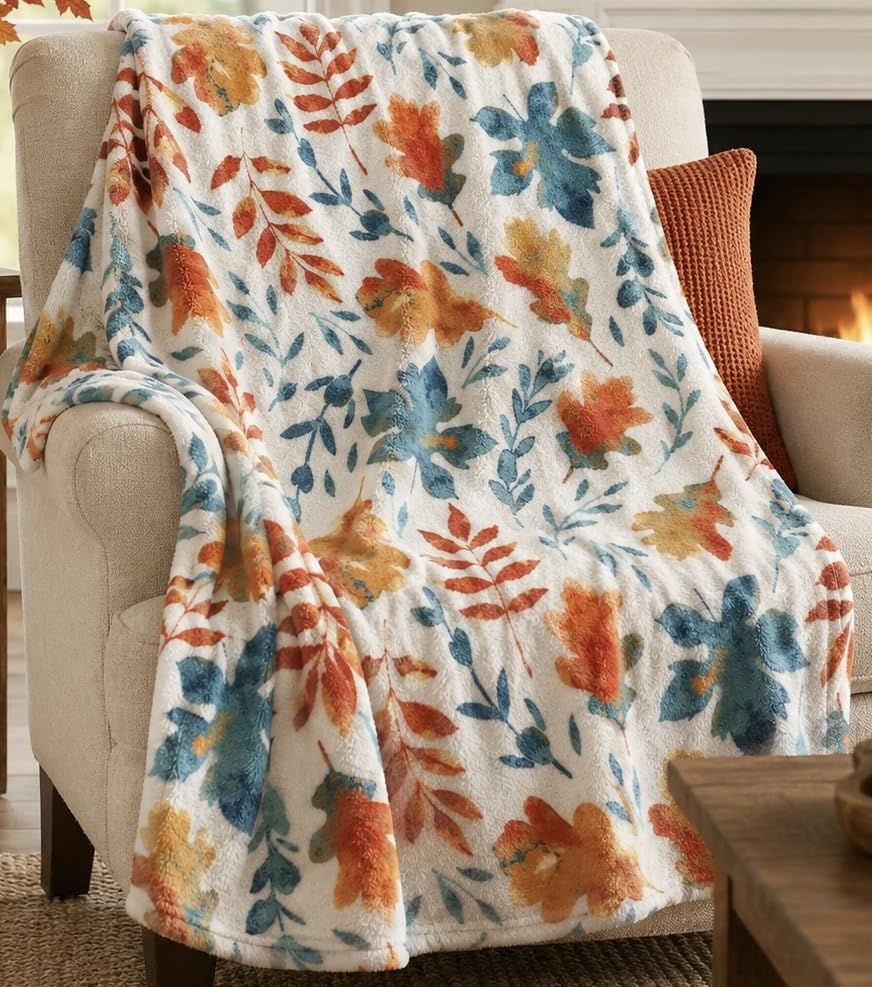 Fall Harvest Autumn Leaves Fleece Throw Blanket: Contemporary Autumn Leaf Print on Soft White Velvet Fleece for Living Room Couch Chair Bed or Dorm — image 1
