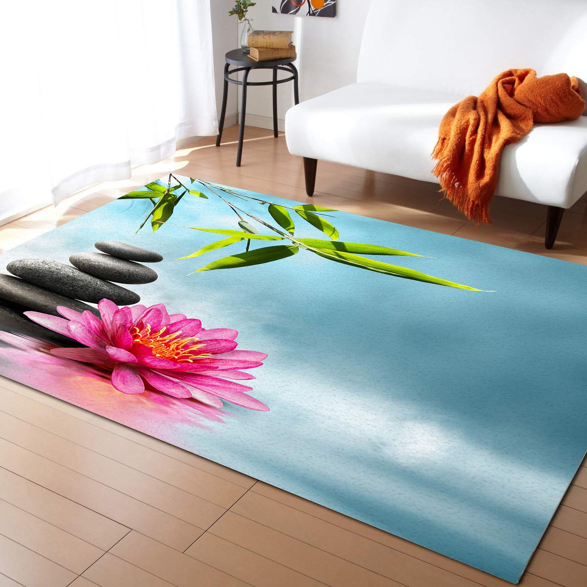 Tapis Salon Méditation Zen Pierre Fleur Et Feuille De Bambou Nature Paysage Indestructible Tapis Zone Lavable,Antidérapant Tapis D'Entrée pour Intérieur Déco Extérieur 120X160Cm