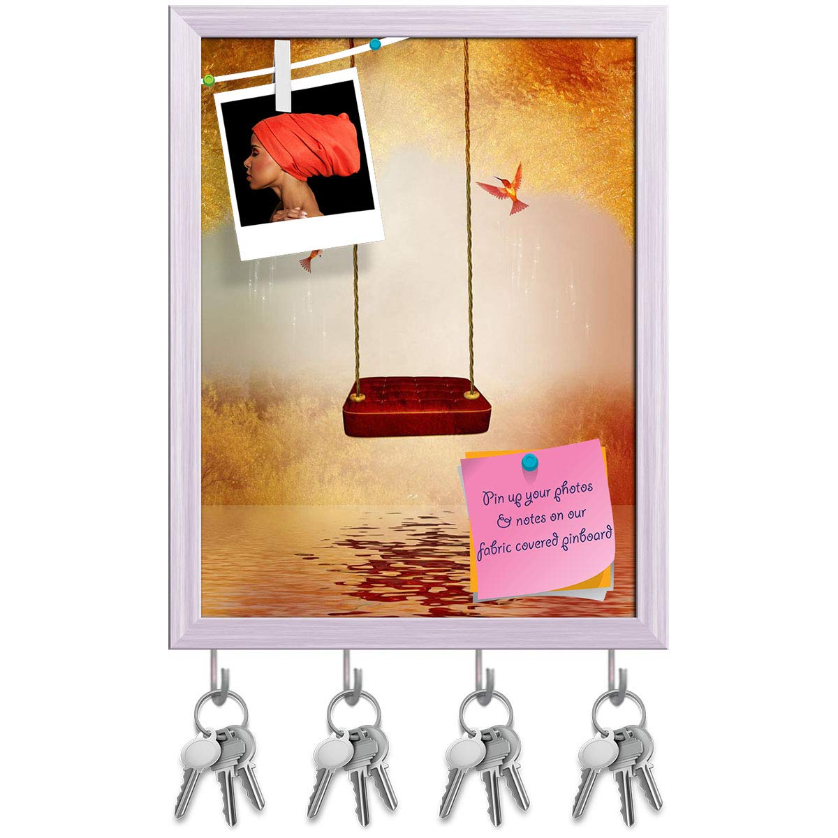 Artzfolio Red Hammock & Hummingbird Key Holder Hooks | Notice Pin Board | White Frame 12 X 15.7Inch