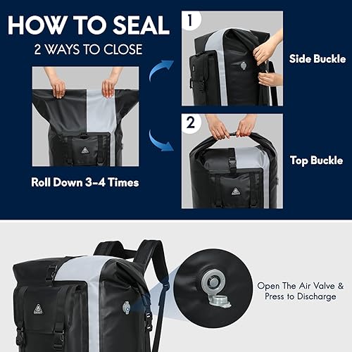 Miniatura 3 de Haimont Mochila impermeable 100L grande Roll Top Dry Mochilas Marine Dry Bags con válvula de aire Viaje Surf NegroGris