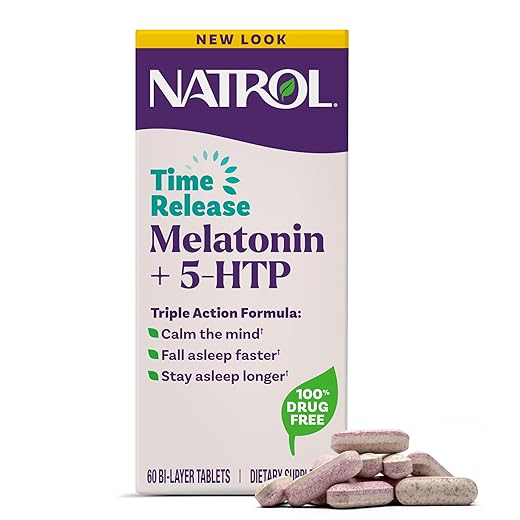 Natrol Melatonin + 5-HTP Time Release Sleep Aid, Triple Action Formula, Calm The Mind, Fall Asleep Faster and Stay Asleep Longer, 60 Bi-Layer Tablets, Up to a 60 Day Supply