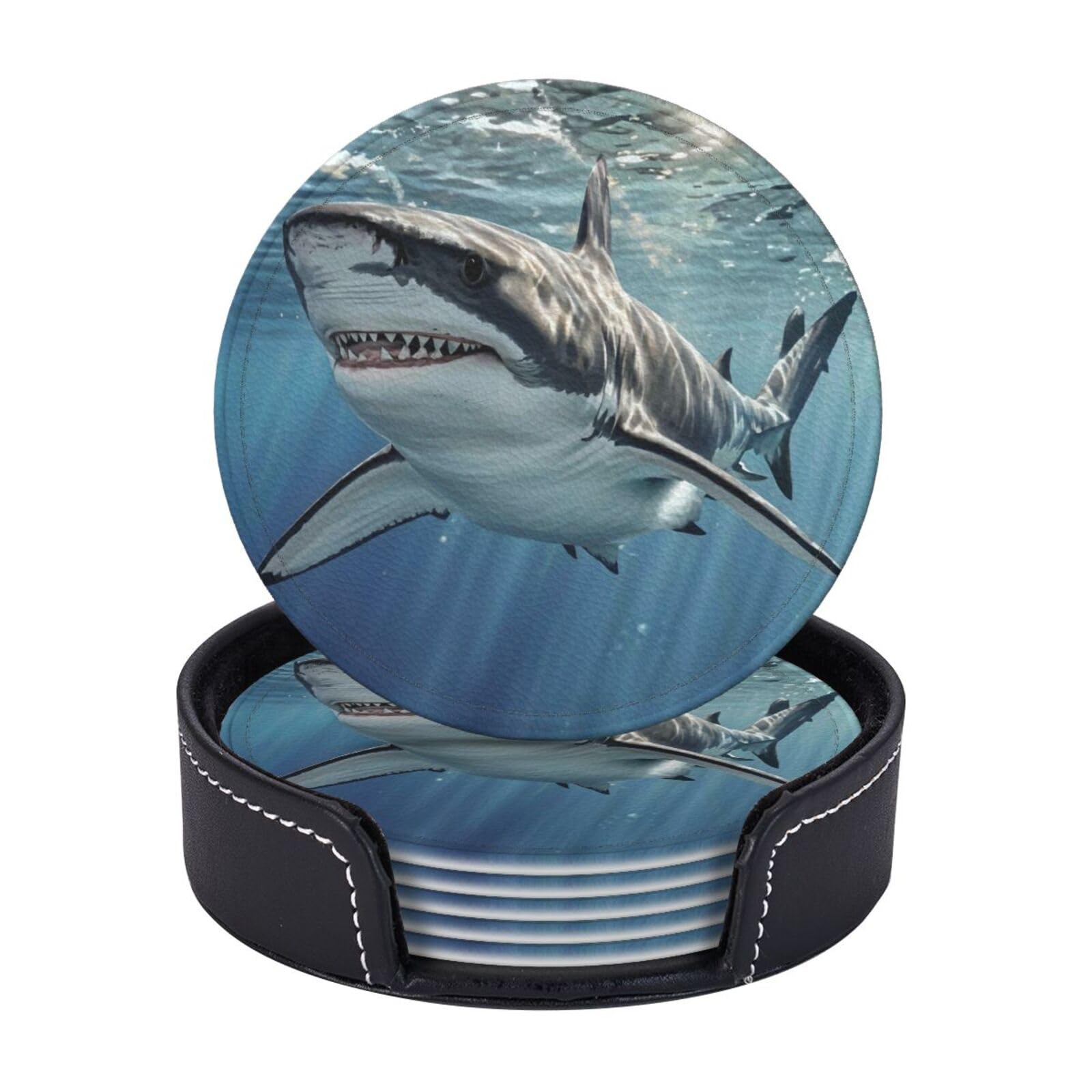 Drink Coasters 6 PCS Round Leather Coaster Ocean Shark Coasters for Drinks Non-Slip Mugs Pads with Holder Personalized Cups Pad Mat for Coffee Table Kitchen 10 CM