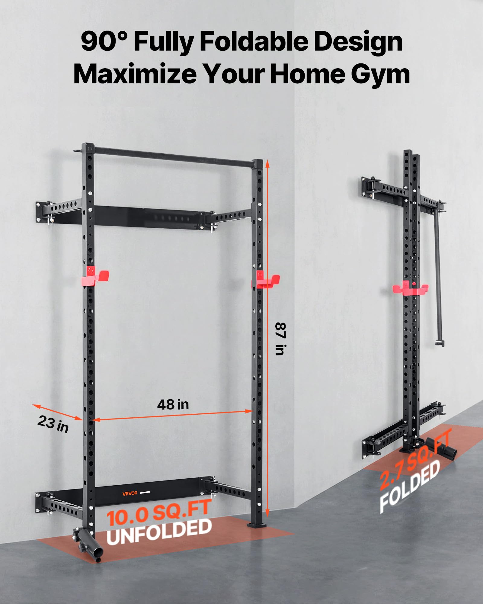 VEVOR Power Cage Klappbar 454 kg Belastbar, Wandmontiertes Power Rack, Multifunktionales Krafttrainingsgerät mit Landminenbefestigung & verstellbaren J-Haken & Klimmzugstange für Heimfitnessstudio