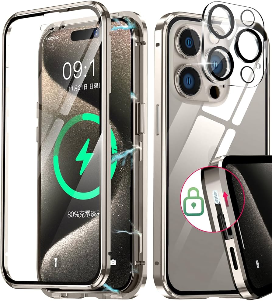 iPhone 15 Pro用ケース アルミバンパー クリア マグネット固定 iPhone 15 Pro用ケース アルミバンパー クリア マグネット固定