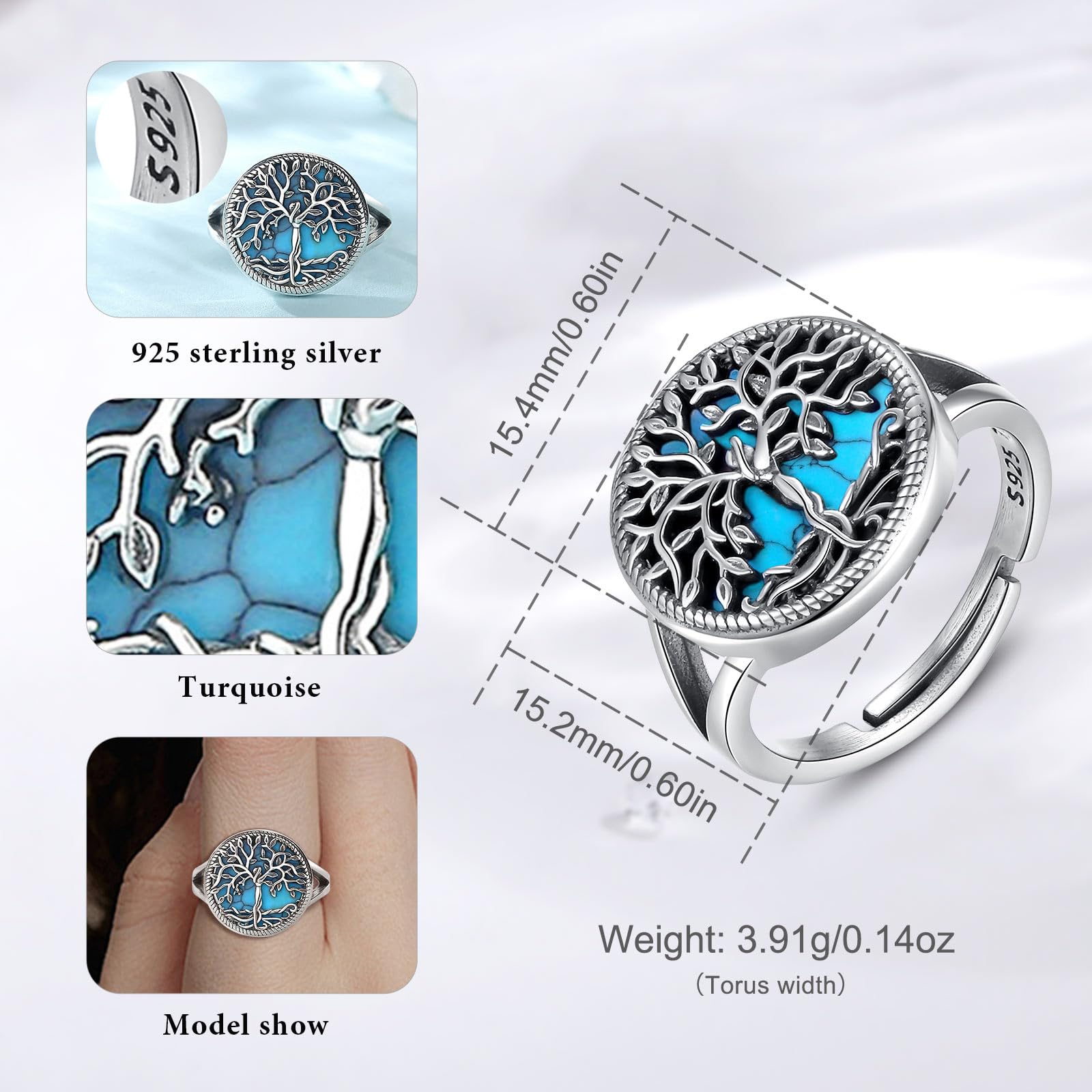 AEONSLOVE Anillos Arbol de la Vida Mujer Ajustables Plata de Ley 925, Anillo Abierto Serpiente/Nudo de Bruja/Hoja/Cuchara, Anillo Pulgar Vintage para Mujer Hombre