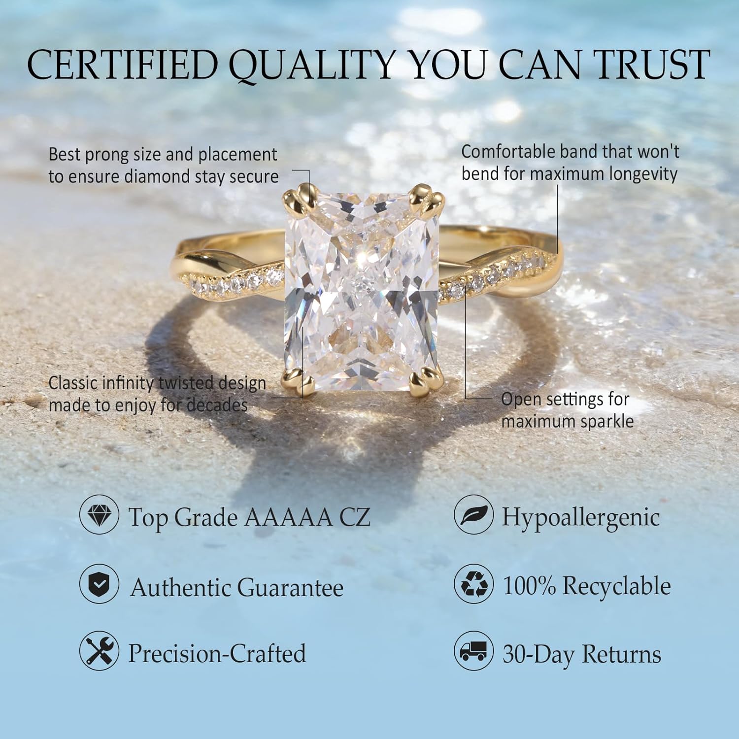 4CT Travel Engagement Ring, Radiant Cut 5A Cubic Zirconia Solitaire in Sterling Silver White Gold/14K Gold Plated Hypoallergenic Durable Comfort Fit, Perfect for Work Daily Wear Honeymoon - Image 6