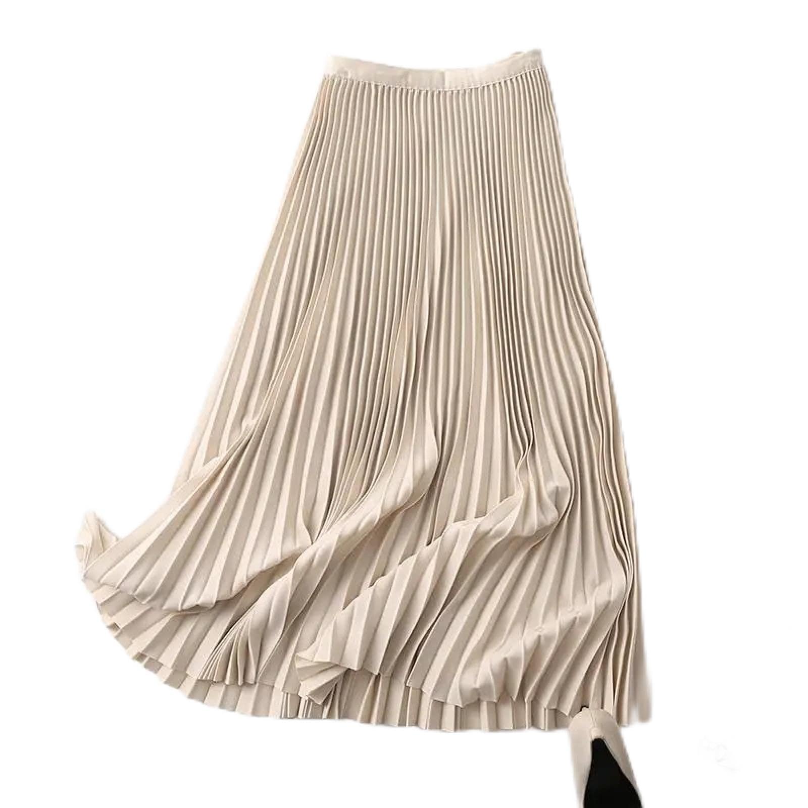 Röcke Für Damen Plisseerock Damenrock Kilt Lange Faltenröcke Für Damen Frühling Herbst Chic Gummiband Mode A-Linie Elegant Büro Damen Luxus Midirock XL Beige