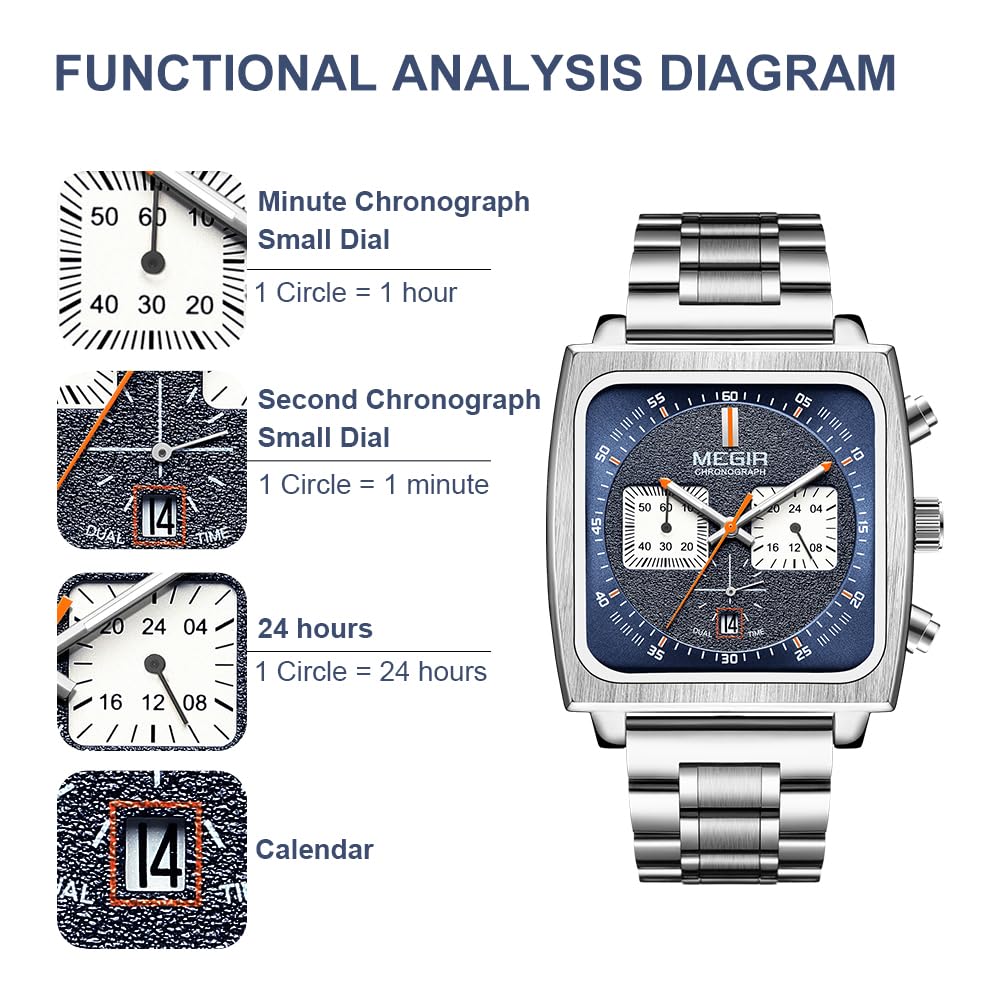 MEGIR Herren Rechteck Business Arbeit Analog Quarz Chronograph Leuchtende Sport Armbanduhr mit Leder/Edelstahl Armband 2182G, silber, blau, Geschäftsarbeit