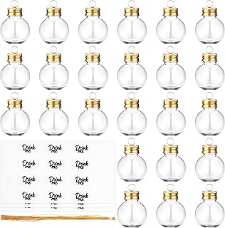 24 Pieces Christmas Booze Balls Christmas Fillable Booze Tree Ornaments Clear Plastic Round Pendant Ball with Stickers for Holiday Wedding Party Decor, Gold