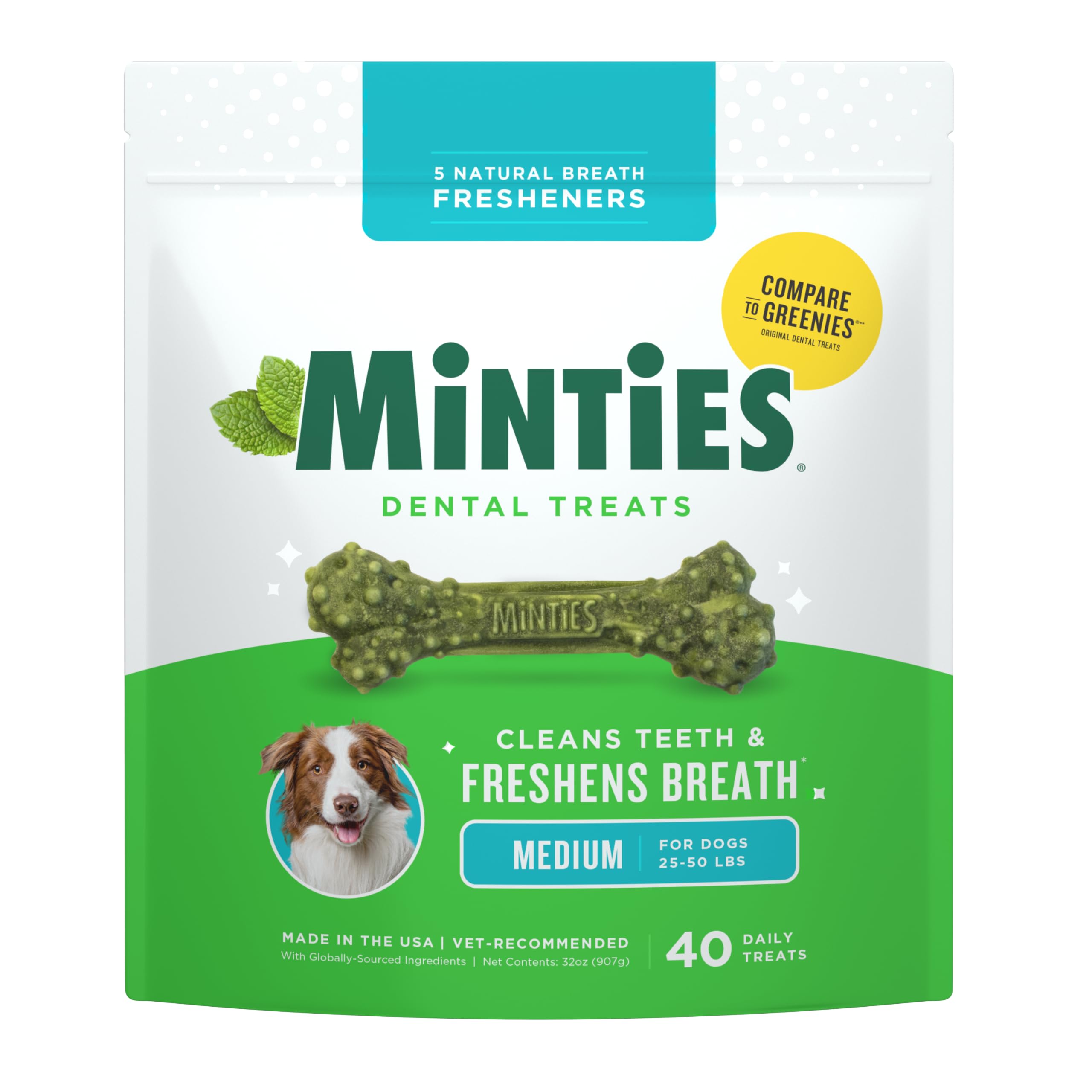 Minties Dental Chews for Dogs, 40 Count, Vet-Recommended Mint-Flavored Dental Dog Treats for Medium Dogs, Bones Clean Teeth, Fight Bad Breath, and Removes Plaque and Tartar