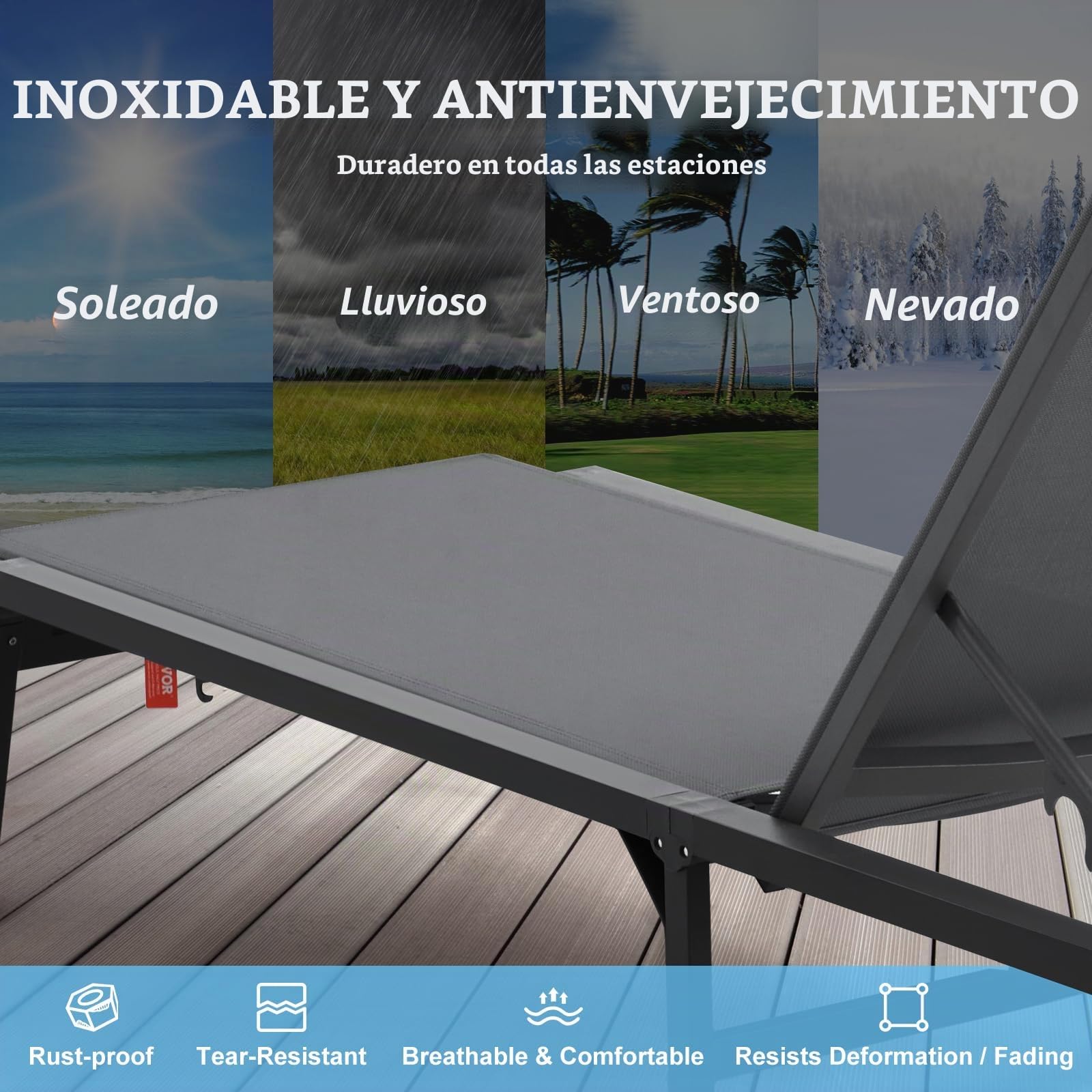 VEVOR Tumbona de Jardín para Exterior 2 Piezas Tumbona Plegable de Aluminio para Patio con 5 Posiciones Ajustables Tumbona Reclinable Totalmente Plana para Playa, Piscina, Exterior, Gris Oscuro