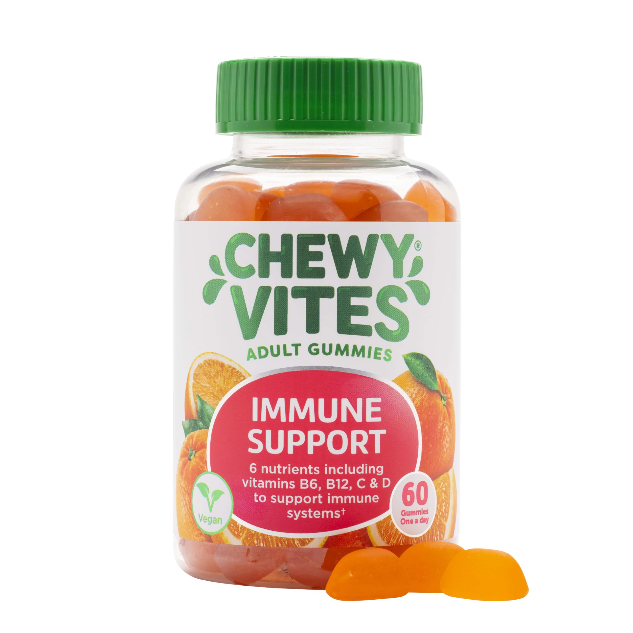 CHEWY VITESAdult Immune Support, 60 Multivitamin Gummies, High Strength Vitamin D, Vitamin B6, B12, C, Zinc, Selenium, 2 Months Supply, Real Fruit Juice, Vegan, Orange Flavour
