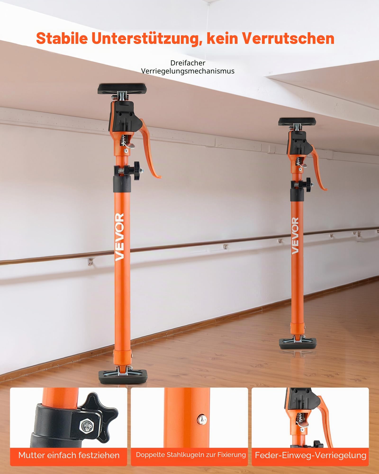 VEVOR Einhandstütze, 2x, Deckenstütze 64,5–115cm, Teleskopstütze aus Stahl, Montagestütze bis zu 100kg Kapazität zum Installieren von Schränken, Anheben von Trockenbauwänden, Frachtstangen