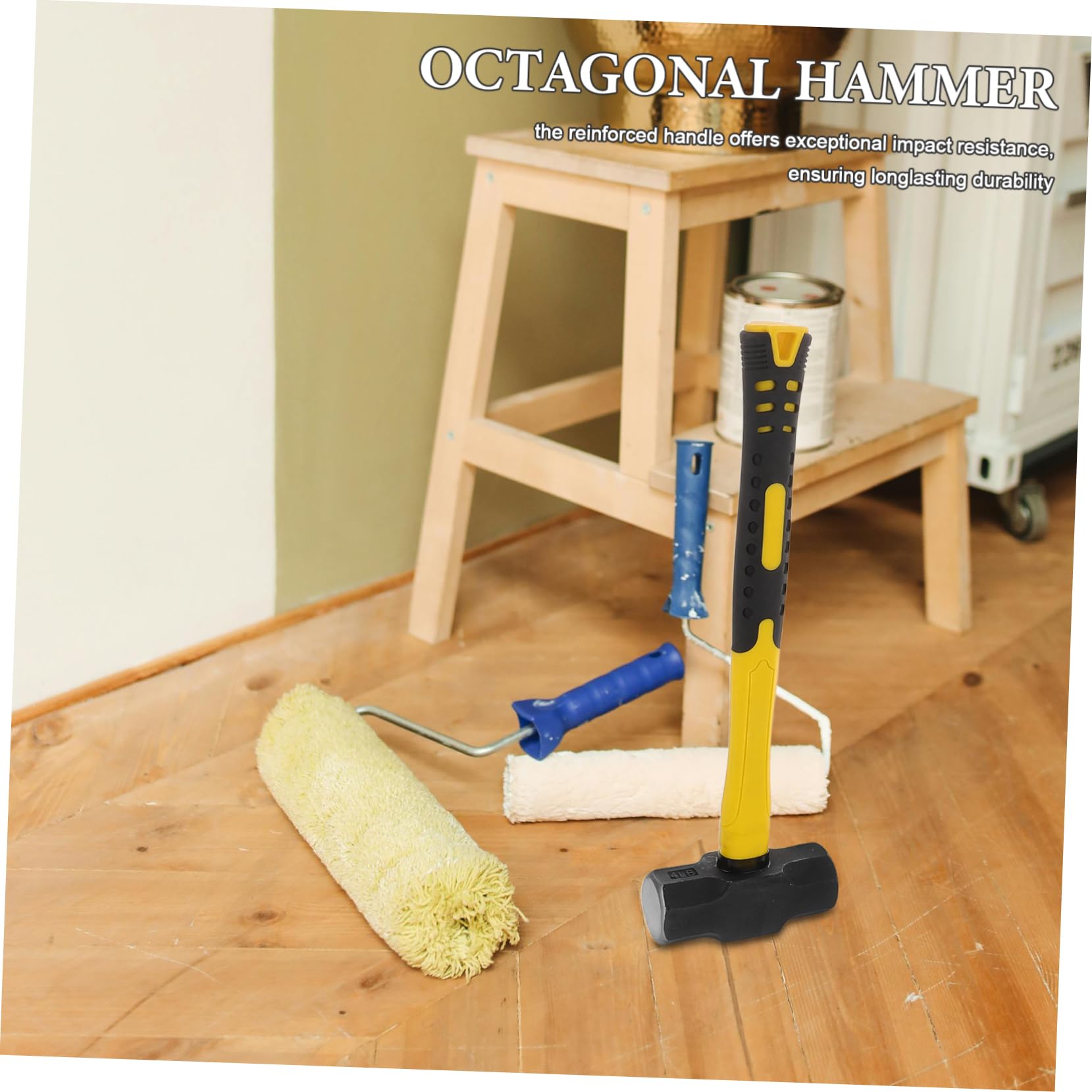 Martillo Octogonal de Acero al Carbono, 2 Piezas, 4lb | Mango Ergonómico de Plástico Amarillo, Resistente al Impacto, para Construcción y Demolición