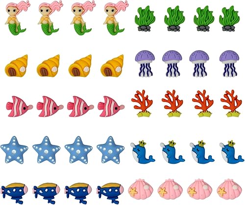 Miniatura 3 de Honbay 40 dijes de limo con parte trasera plana, diseño de animales marinos, sirena, peces de coral, ballena, estrellas de mar, cabujones de resina
