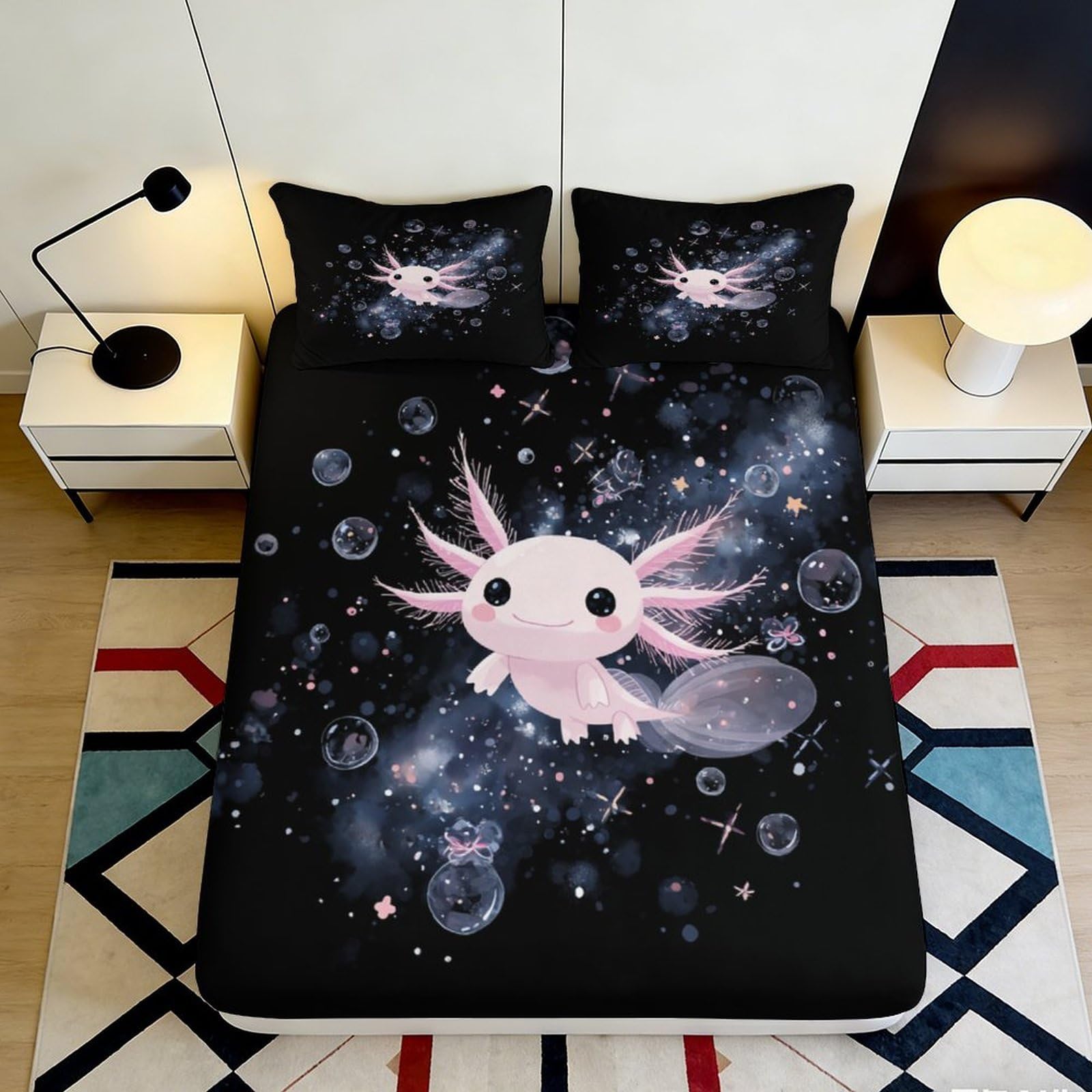 3D Printed Galaxy Axolotl Fitted Sheet Microfiber Soft Black Cosmic Nebula Mattress Cover for Bedroom Dorm Decor 90x200x25cm