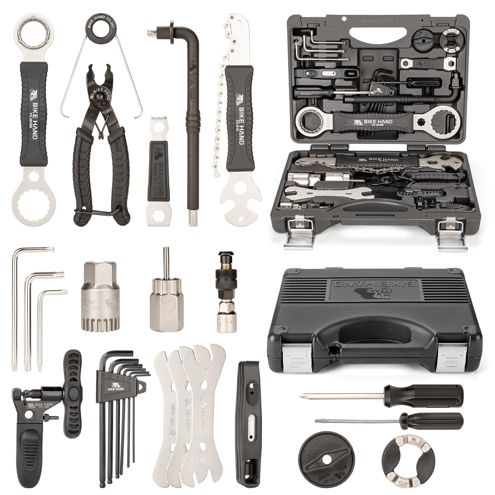 BIKE HAND Set completo di attrezzi per bicicletta, 22 pezzi, set di riparazione professionale con custodia, colore nero