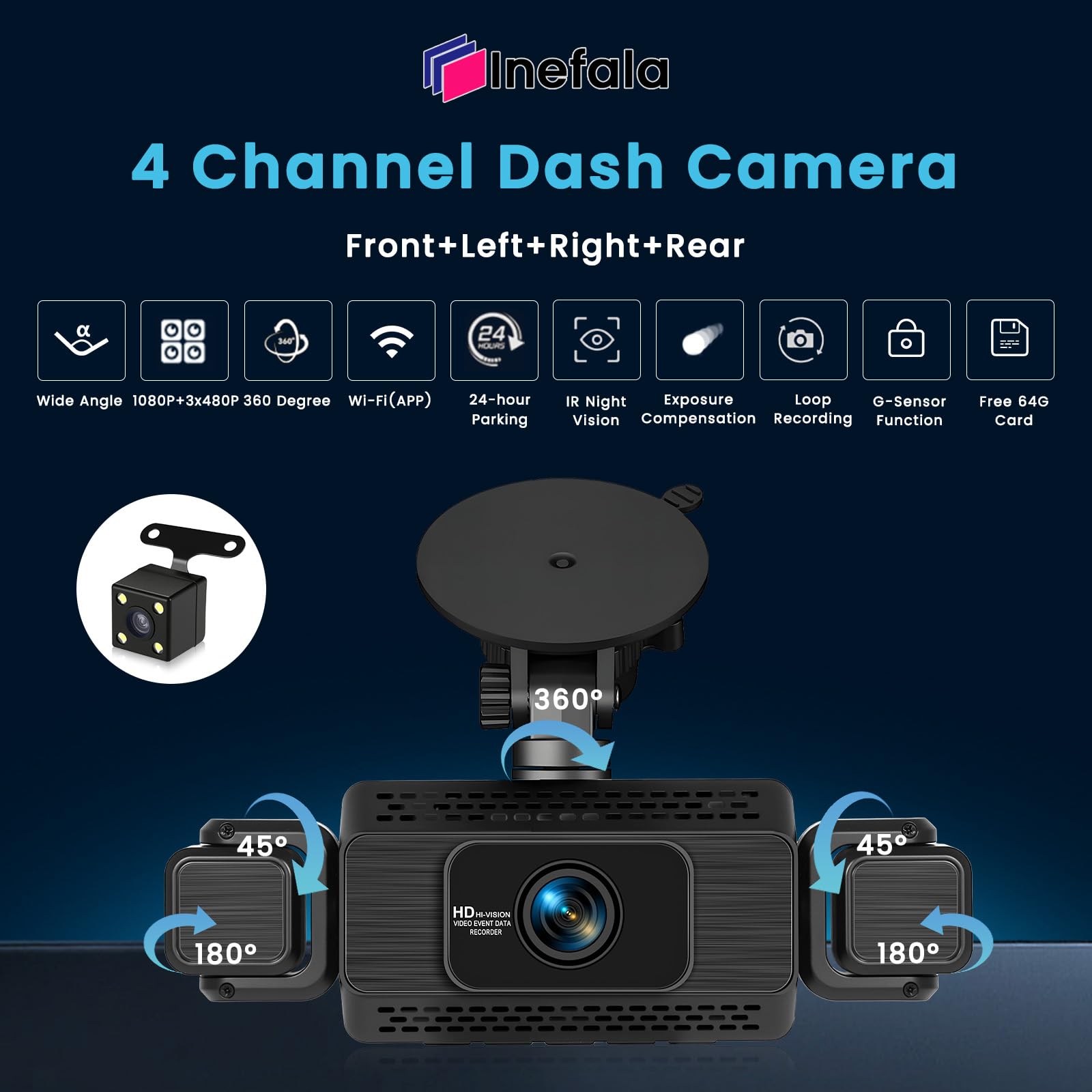 Inefala WiFi Dashcam Voiture 360 Degré, 4 Canaux Dash Cam Avant Arrière Droite et Gauche avec Carte SD 64G, Enregistrement en Boucle G-Sensor Vision Nocturne Surveillance du Stationnement