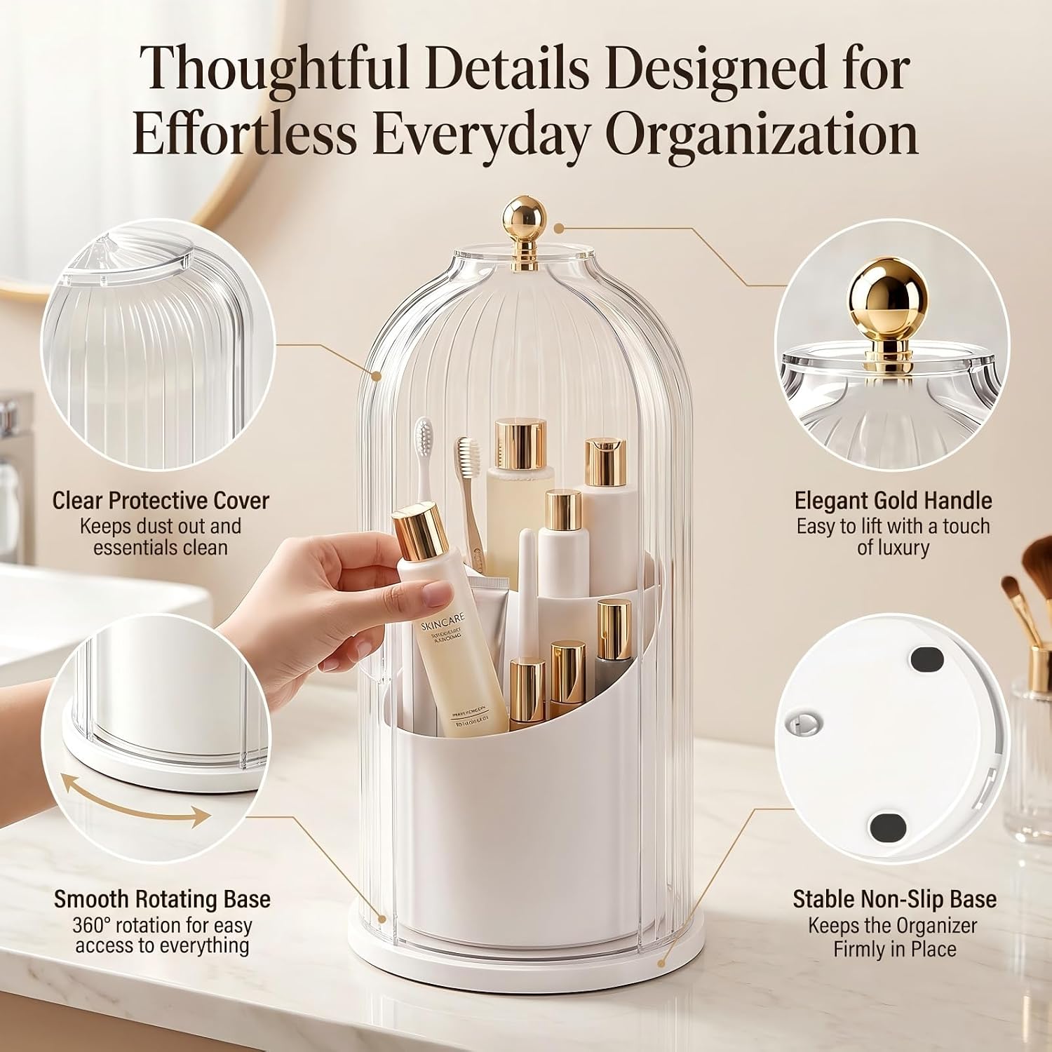 Toothbrush Holder with Sliding Lid, 360° Rotating Dustproof Waterproof Makeup Organizer for Bathroom Countertop Vanity Dressing Table, Travel Cosmetic Storage Box