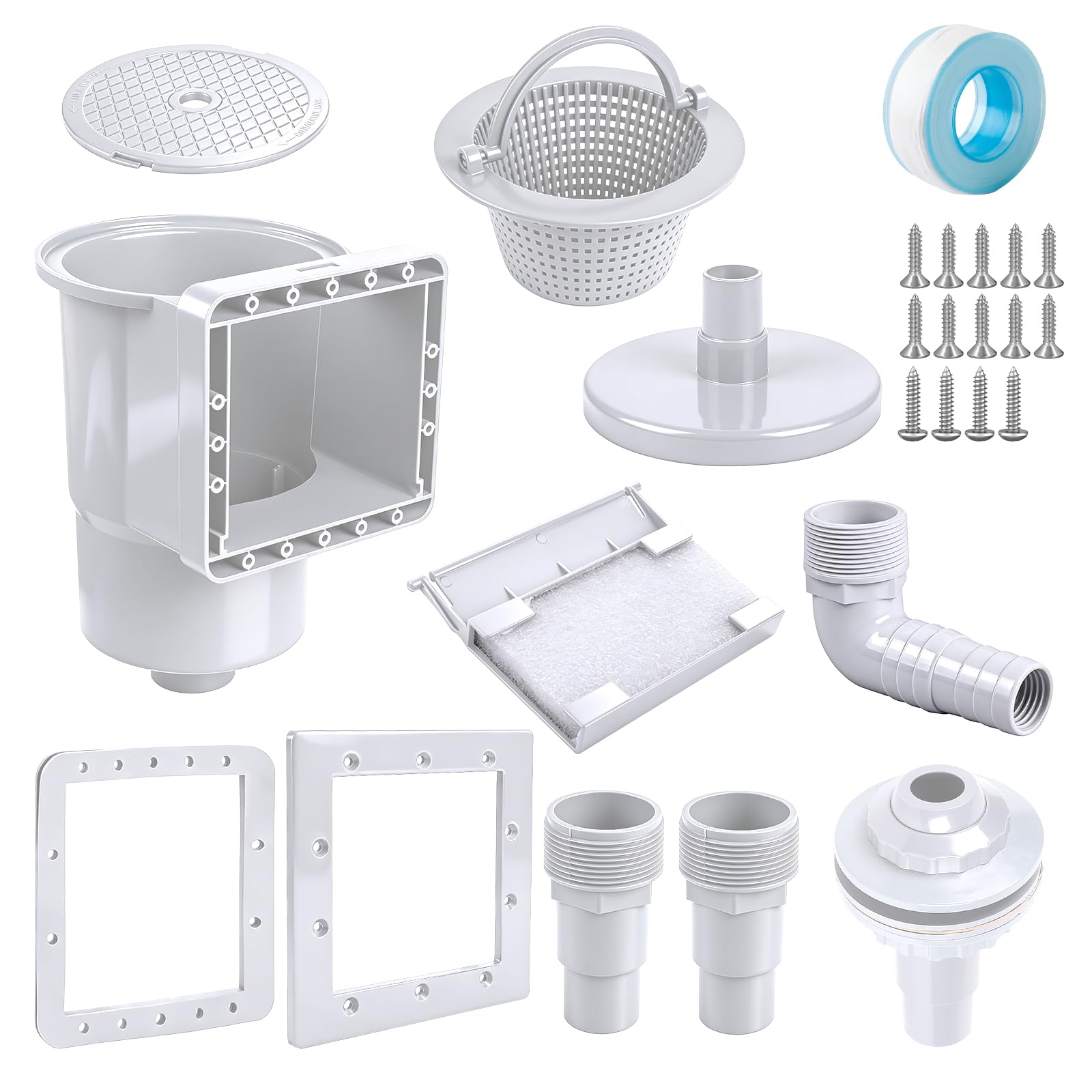 efuturetime Kit Skimmer de Surface 9 Pièces, Panier de Skimmer Piscine, Buse d'aspiration et Raccord de Tuyau 32/38 mm pour Nettoyage Piscines Hors-Sol et À Parois en Acier, Blanc