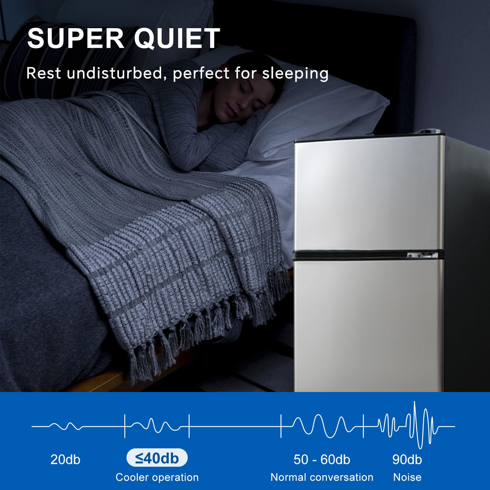 Drixno Mini Fridge With Freezer Silver 4.0 Cu.Ft Apartment Size Refrigerator Compact Small For Bedroom, Office, Dorm, RV, With Adjustable Mechanical Thermostat Double-Door Design on Fridge.com - View 5