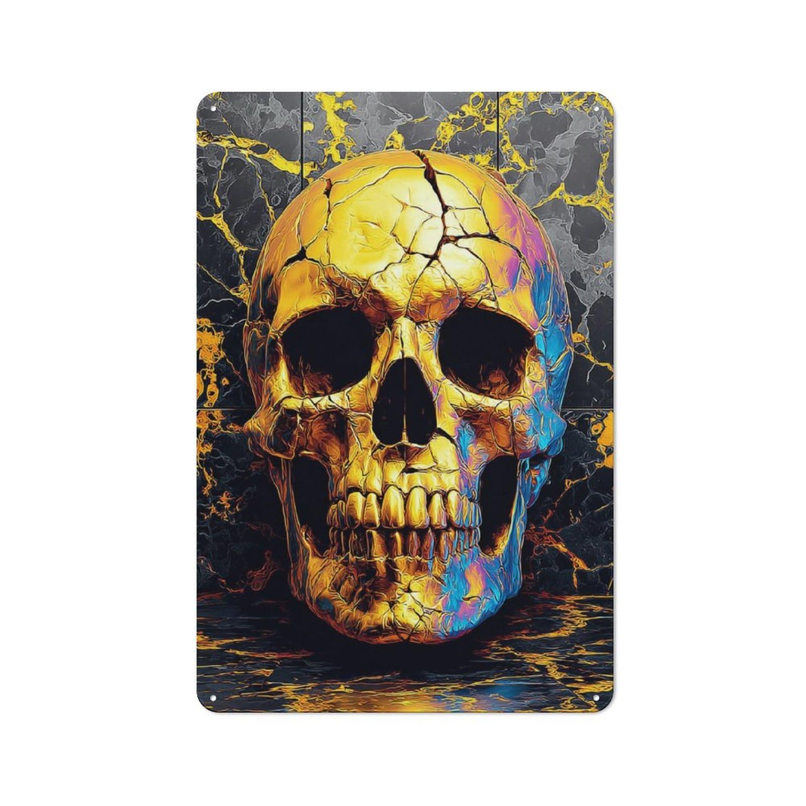 Junmoney Golden Skull With Cracks Vintage Bistro Metal Sign 30X20cm, Bistro Wall Plaque For Takeaway, Bar, Kitchen Or Counter Area