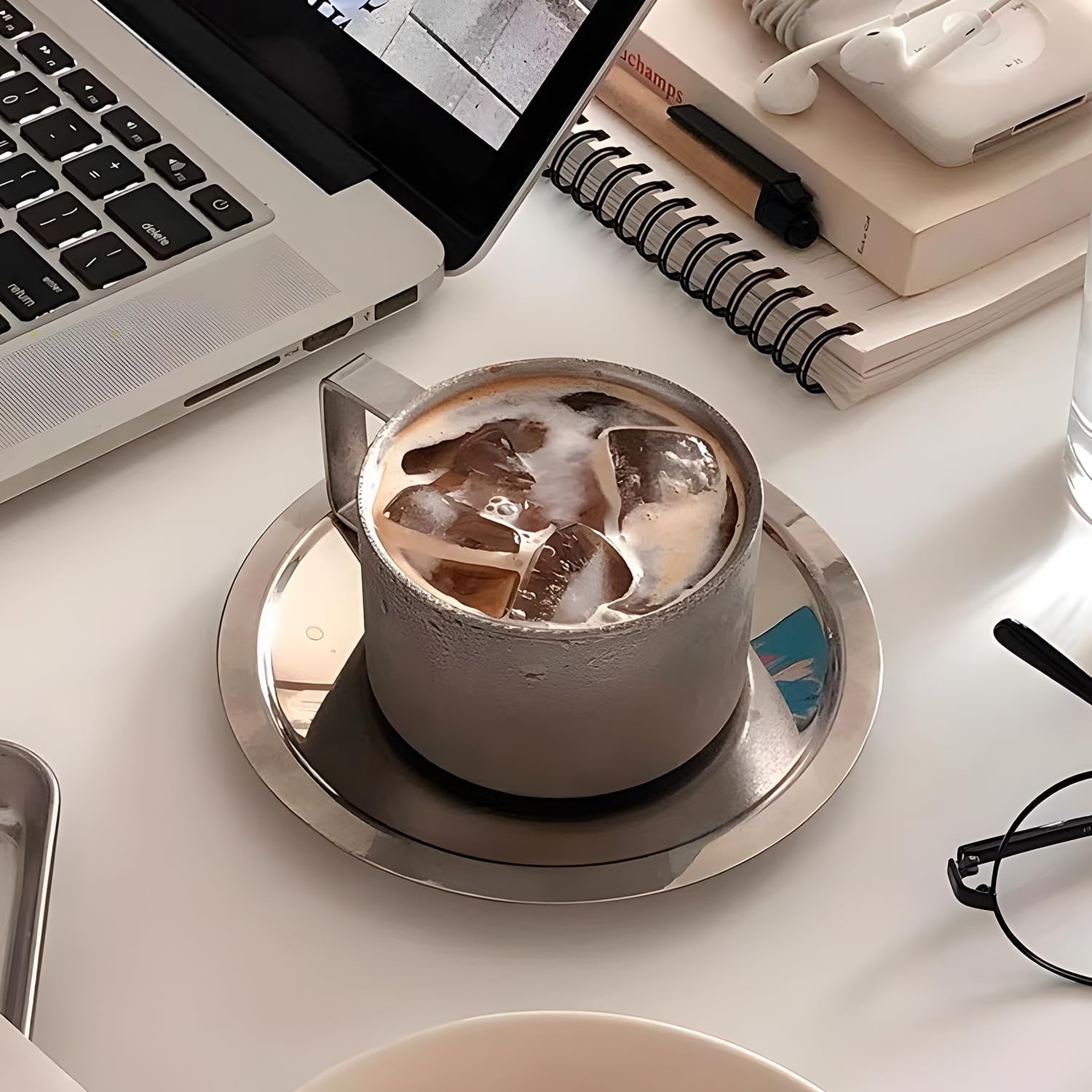 Juego de Tazas de Café Acero Inoxidable, 3 Piezas/Juego Tazas Café Espresso Aisladas, Taza Doble Pared con Asa Té Leche con Platillo Cuchara para Cafés Latte Té Leche (4 Juego)