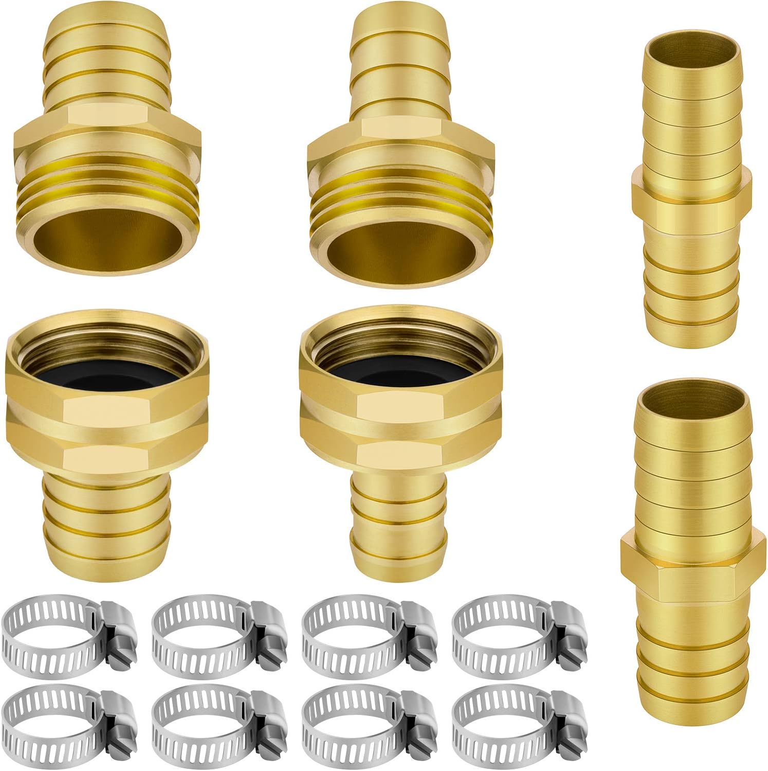 4 Sets Garden Hose Repair Kit 5/8" and 3/4" Brass Hose Mender End Repair Female and Male Water Hose Connector with 8 Pieces Stainless Steel Clamp