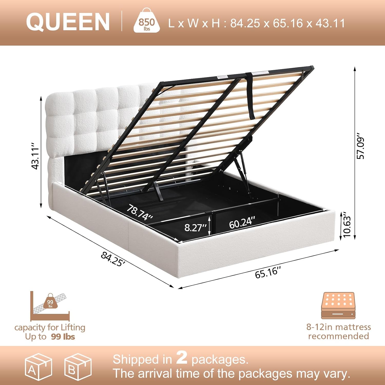 VELOCAVA Queen Size Lift-Up Storage Bed, Upholstered Platform Bed with Soft Tufted Headboard, Bouclé-Textured Fabric, No Box Spring Needed, Cream White