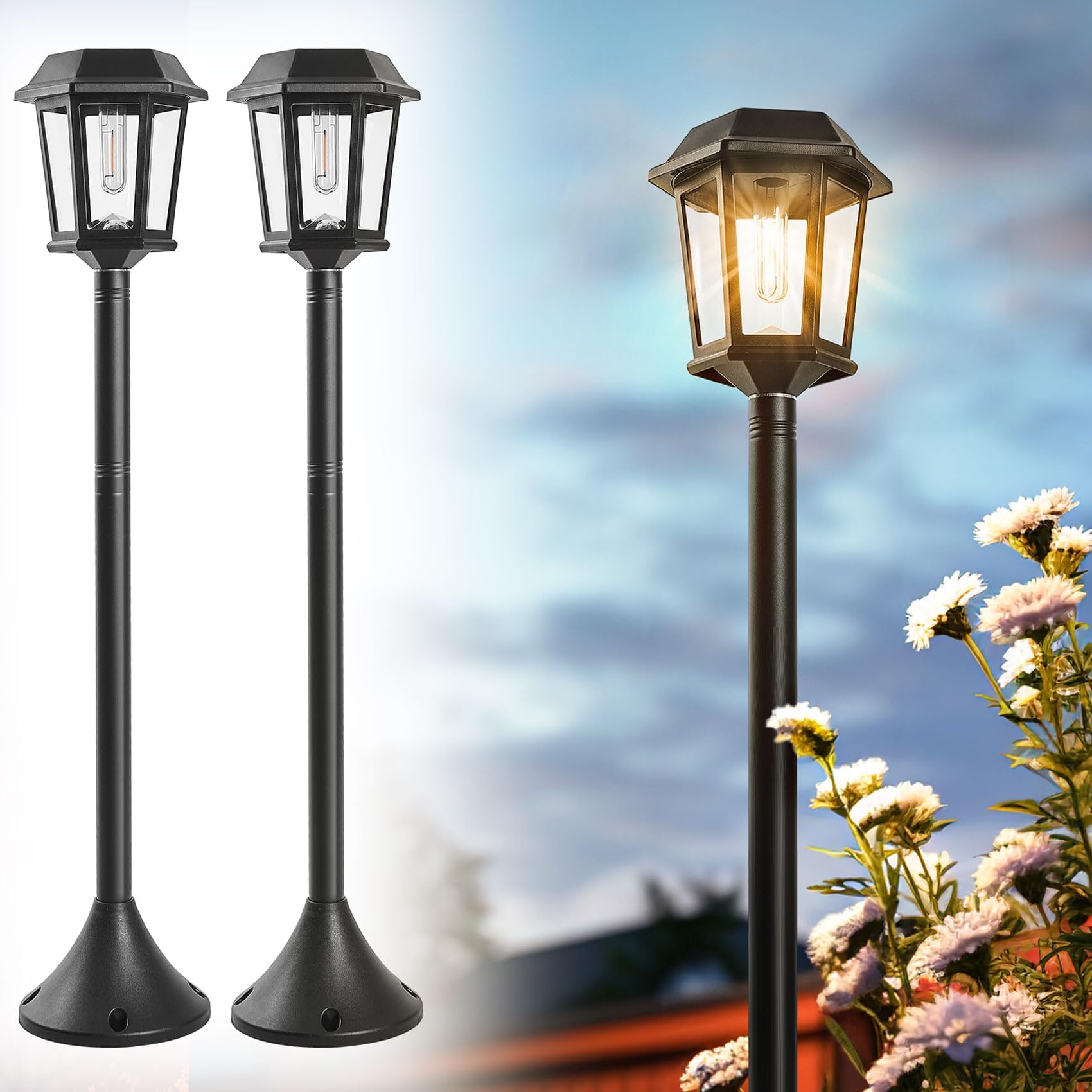 63 in Solar Pole Lights Outdoor 2 Pack, Vintage Solar Lamp Post Lights, Outdoor Decorations for Yard Waterproof IP44, Outdoor Decor for Garden, Pathway, Yard, Front/Back Door, Warm White, Decoration