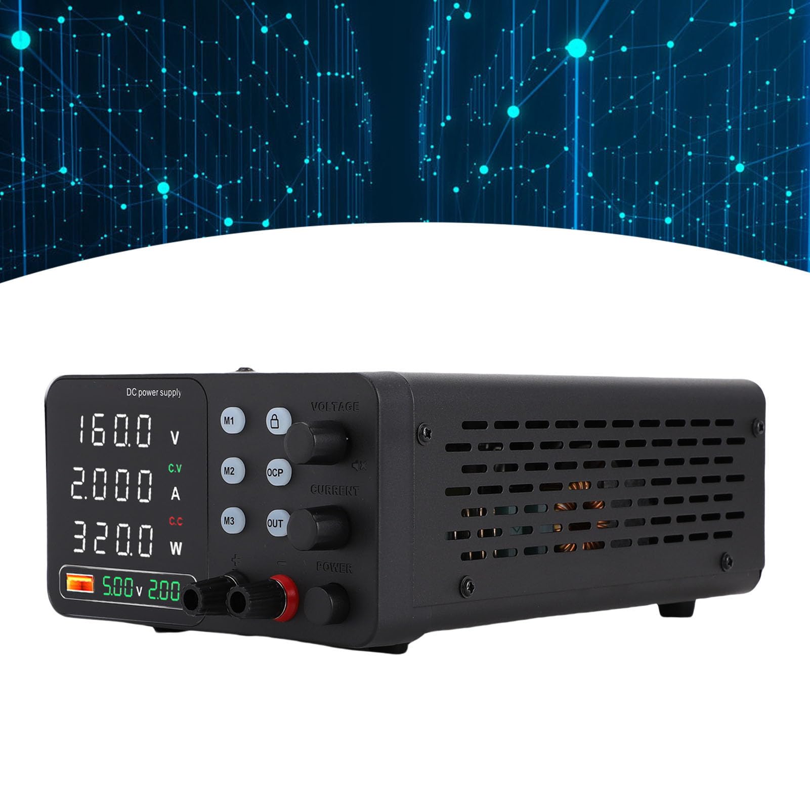 Fafeicy Fuente de Alimentación CC de 150 W Fuente de Alimentación de Banco Variable Ajustable con Carga Rápida USB Botón de Activación de Salida de 18 W para un Trabajo Seguro Carga (Enchufe UE 230V)