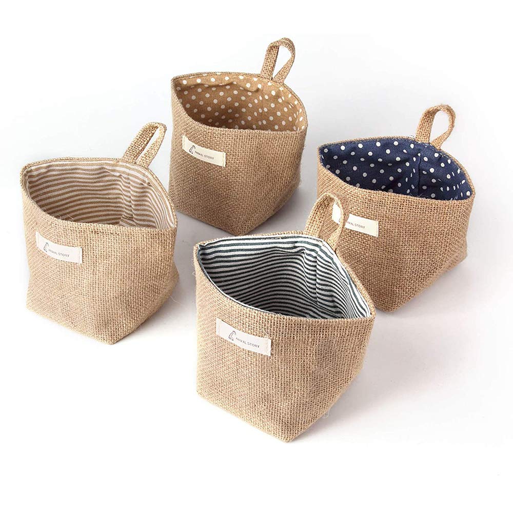 4Pcs Wall Hanging Storage Bags, Hanging Storage Bags Cotton Linen Storage Basket Foldable Wall-Hanging Basket Family Organizer Box Decorative Bag for Dining Room Kitchen Wall Door Closet