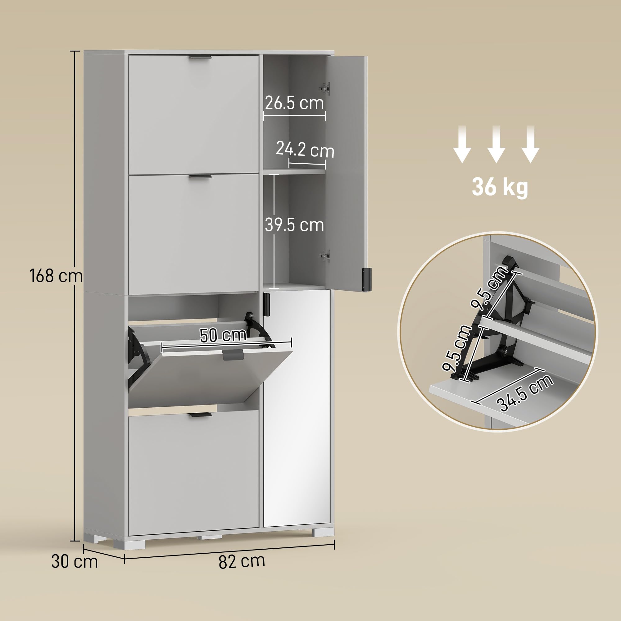 HOMCOM Scarpiera Salvaspazio Slim Alta con 2 Ante a Specchio e 4 Ante a Ribalta, Scarpiera Ingresso con Ripiani Regolabili, 2 Armadietti, 5 Gambe, Porta Scarpe per 16 Paia, 82x30x168 cm, Grigio