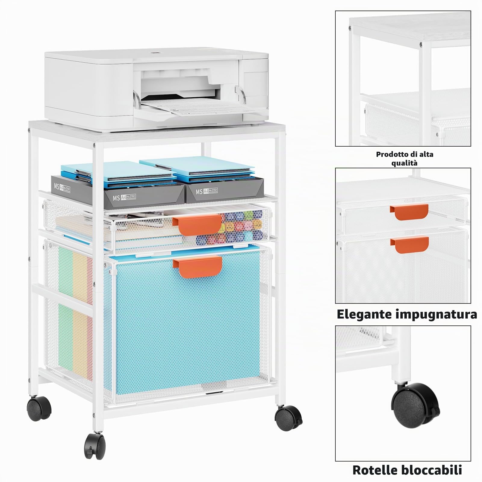 Marbrasse Supporto per Stampante con Ripiano Portaoggetti,3-Livelli Carrello Grande su Ruote con Cassetti per Armadietti Porta Documenti per Stampante 3D,Telefono Cellulare,Ufficio Domestico(Bianco)