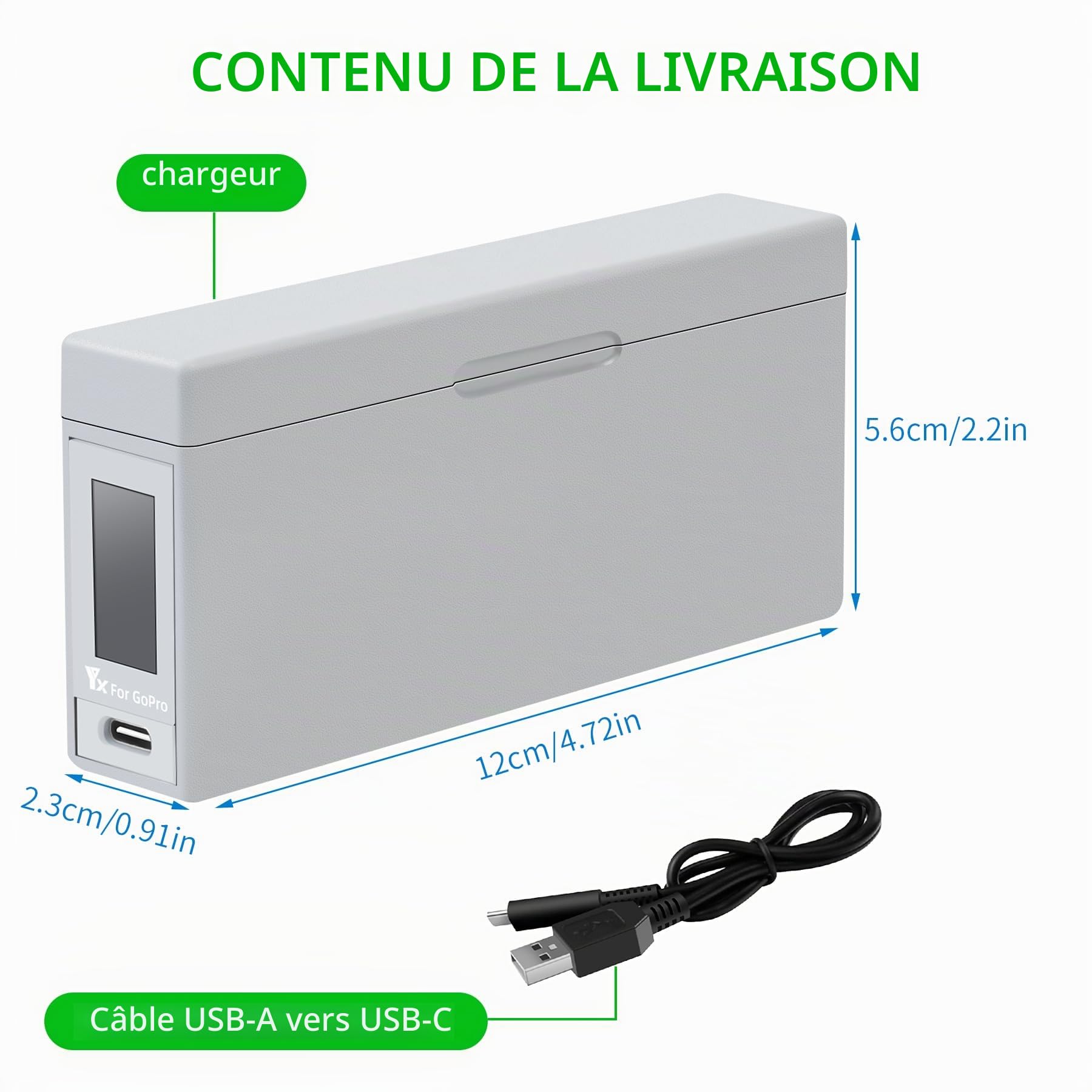 LCD Chargeur de Batterie pour GoPro HERO12 11 10 9,Three Battery Charger for Enduro Batteries Accessoire