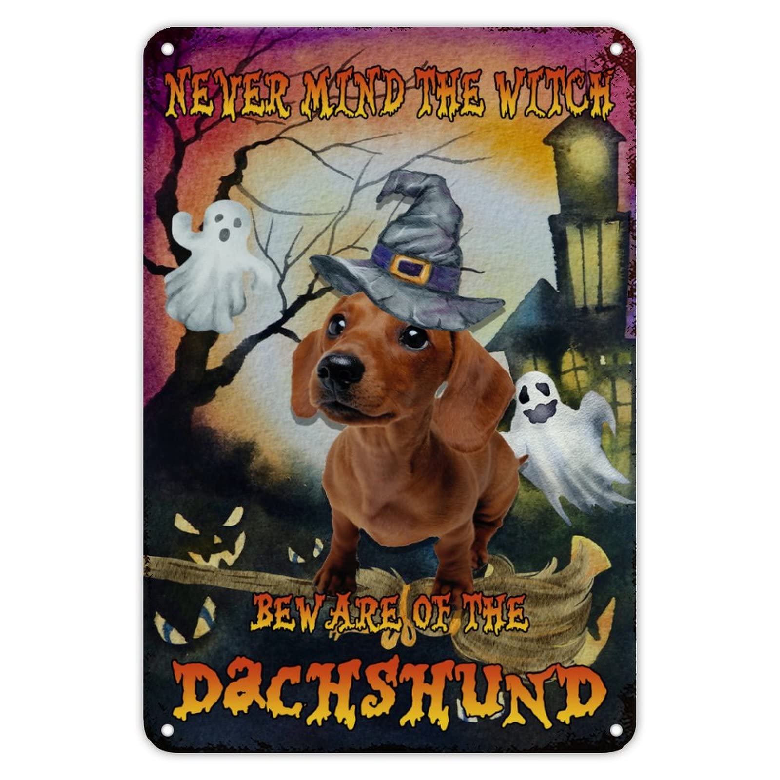Happy Halloween Metal Sign Halloween Witch Decor Tombstone Pumpkin Bat Dachshund Dog Dog Metal Tin Sign Wall Art Farmhouse Sign Rustic Halloween Hanging Welcome Sign Party Supplies 8X12 inch