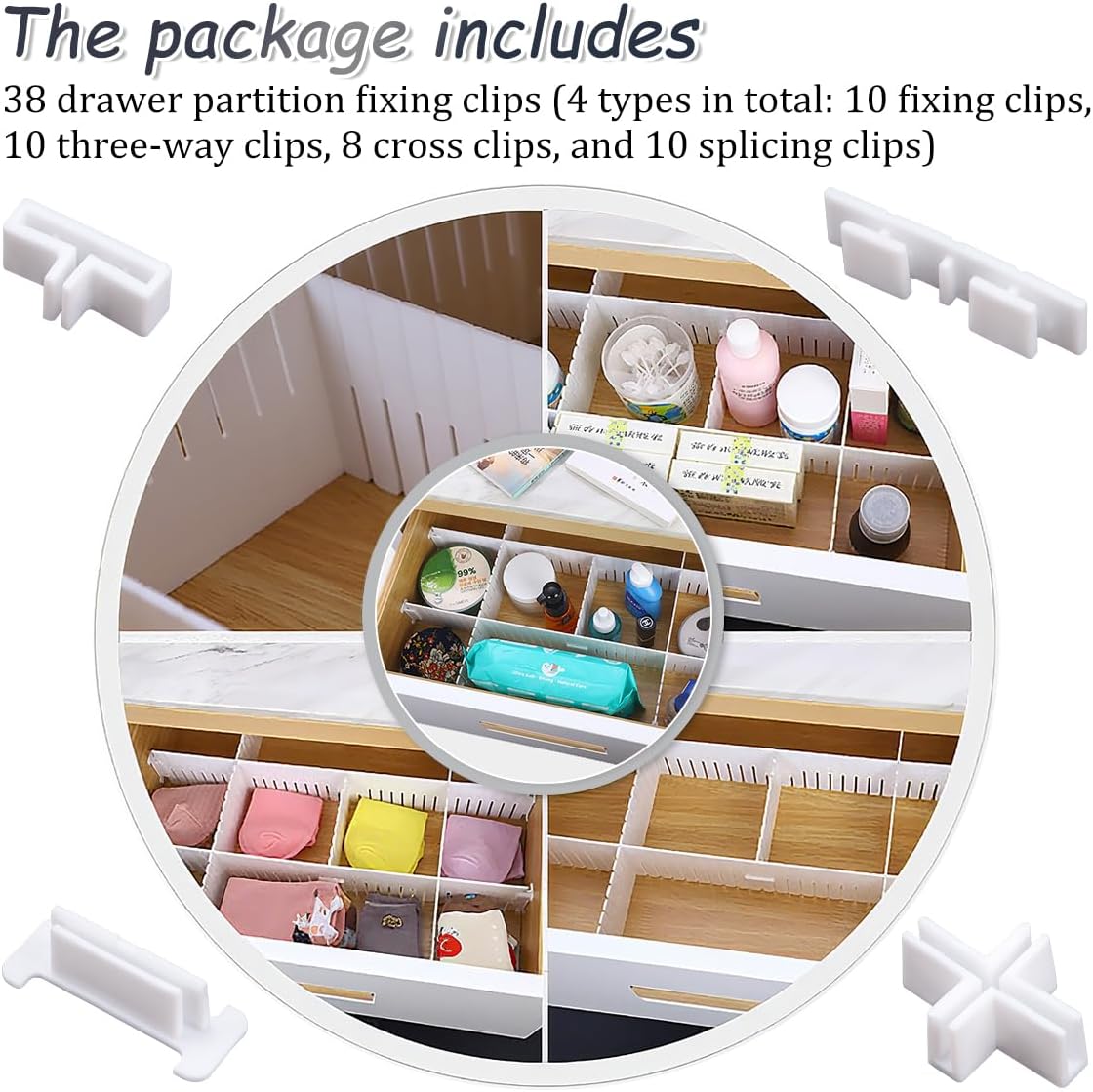 38Pcs Adjustable Drawer Divider Clips Holder Plastic Side Fixing Buckle for DIY Organization of Cosmetics Toiletries Drawer Partition Organizer Separators Rail Box Installation