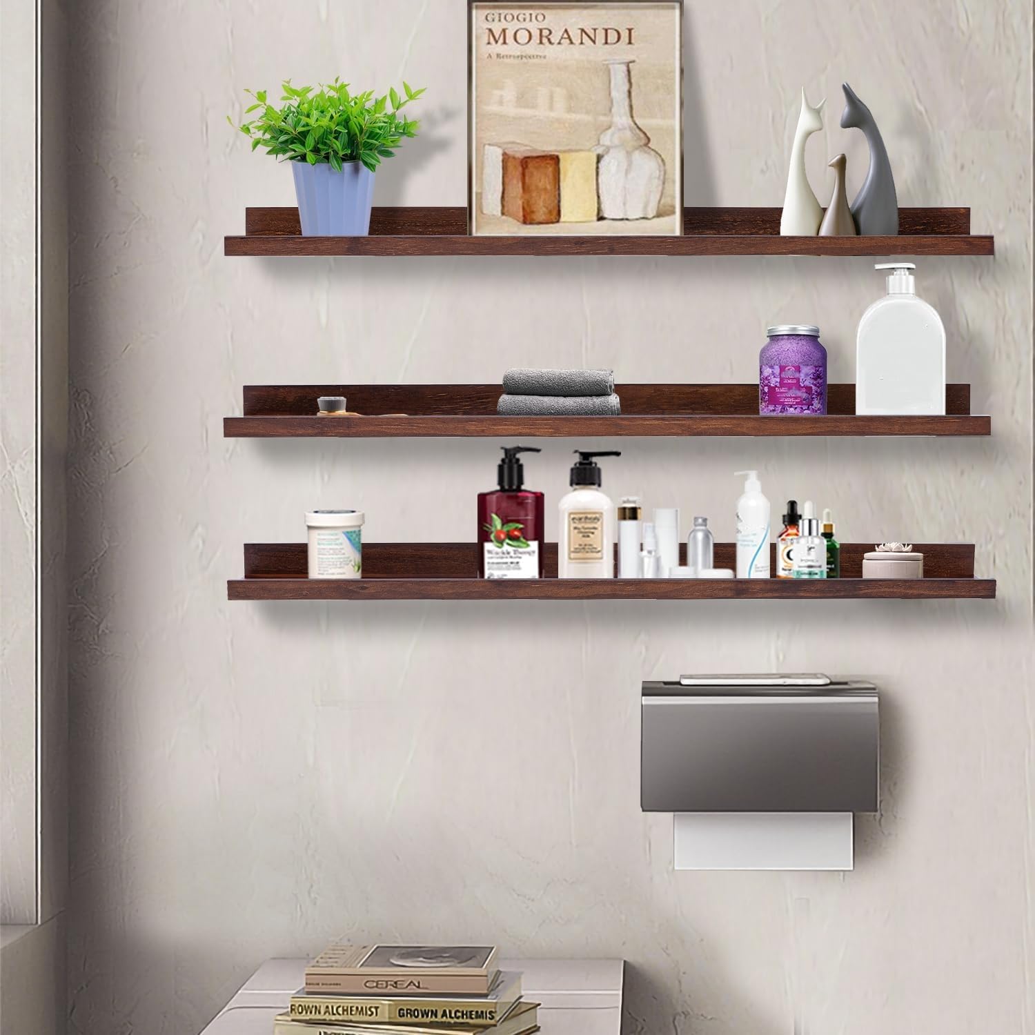 AZSKY Floating Shelves Wall Mount Deep Walnut for Wall Storage 36 Inch Rustic Picture Photo Ledge Shelf with Lip Nursery Book Shelves for Kids Room Bedroom Bathroom Living Room Kitchen Decor Set of 3